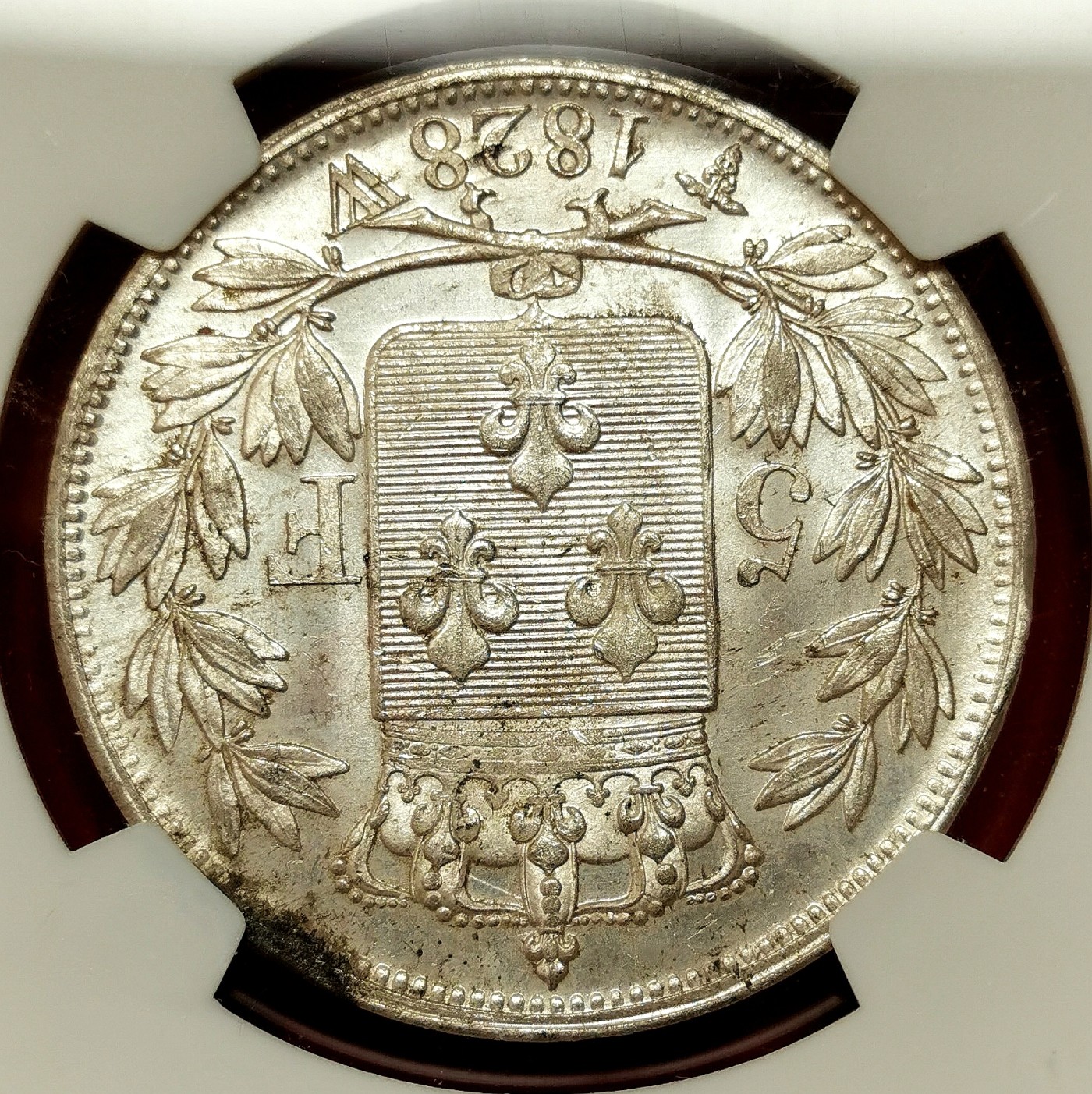 凡希社世界钱币微拍第二百六十四期 荐！1828W法国查理十世5法郎大银NGC-MS63 灰彩银光质感卓越！请参考视频。