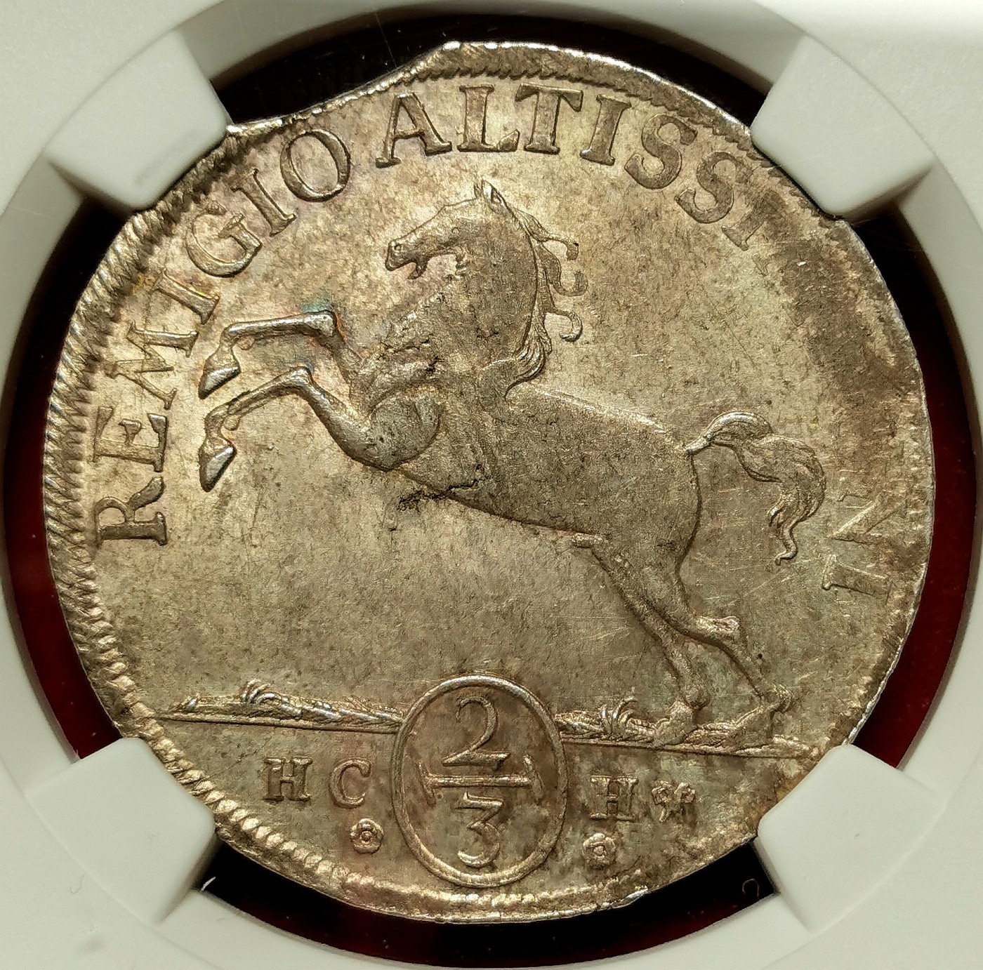 凡希社世界钱币微拍第二百六十四期 荐！1699布伦瑞克-沃芬伯特奔马2/3泰勒大银NGC-MS62，币胚错版，黄油彩光！