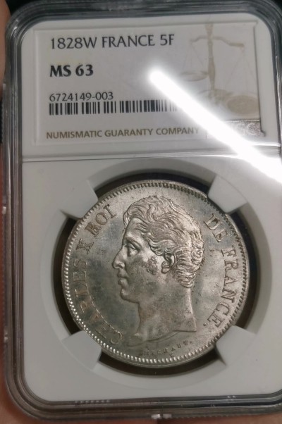 凡希社世界钱币微拍第二百六十四期 荐！1828W法国查理十世5法郎大银NGC-MS63 灰彩银光质感卓越！请参考视频。