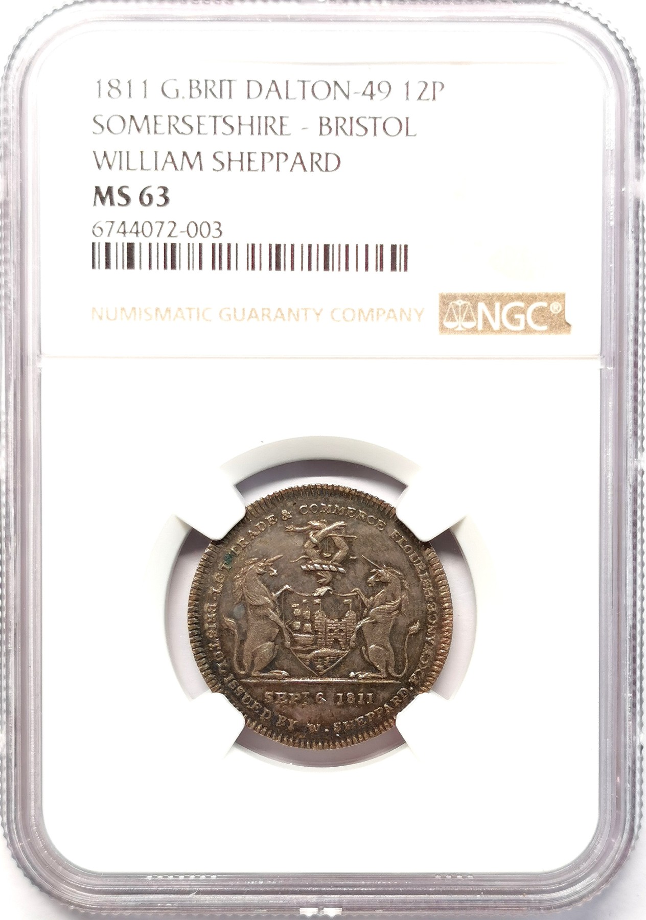 凡希社世界钱币微拍第二百六十四期 1811英国萨默塞特郡布里斯托尔12便士银token NGC-MS63，发行人W·sheppard经营书籍文具及成药。深色英伦五彩，少见品种！