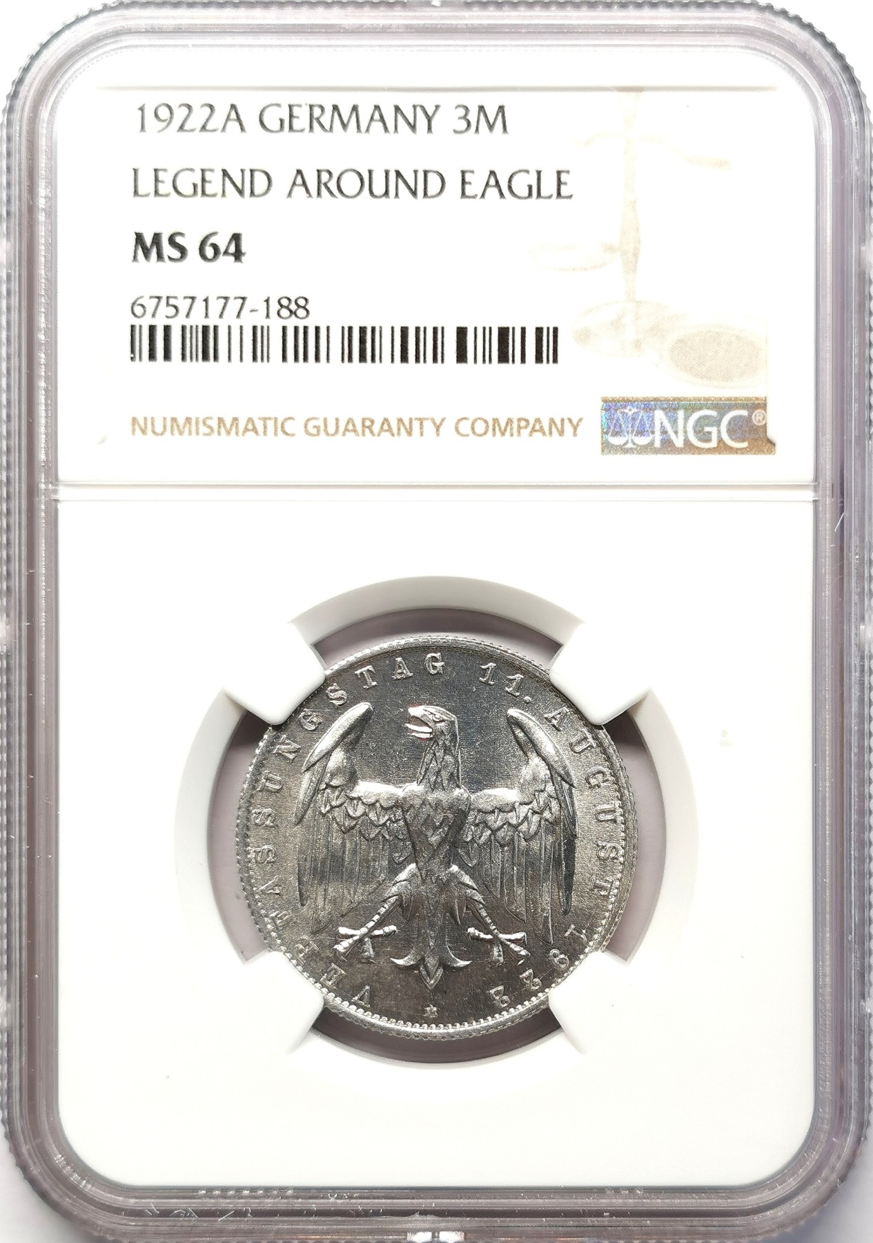 凡希社世界钱币微拍第二百六十四期 1922德国3马克铝币NGC-MS64