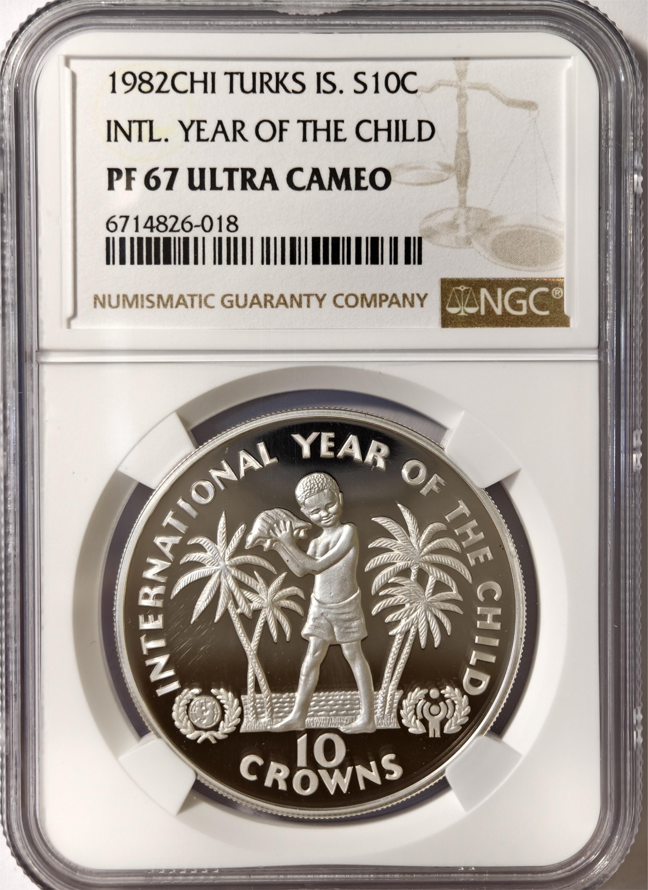 紫瑗钱币——第332期拍卖 特克斯与凯恩斯 1982年 国际儿童年 10克朗 银币 NGC PR67 UC