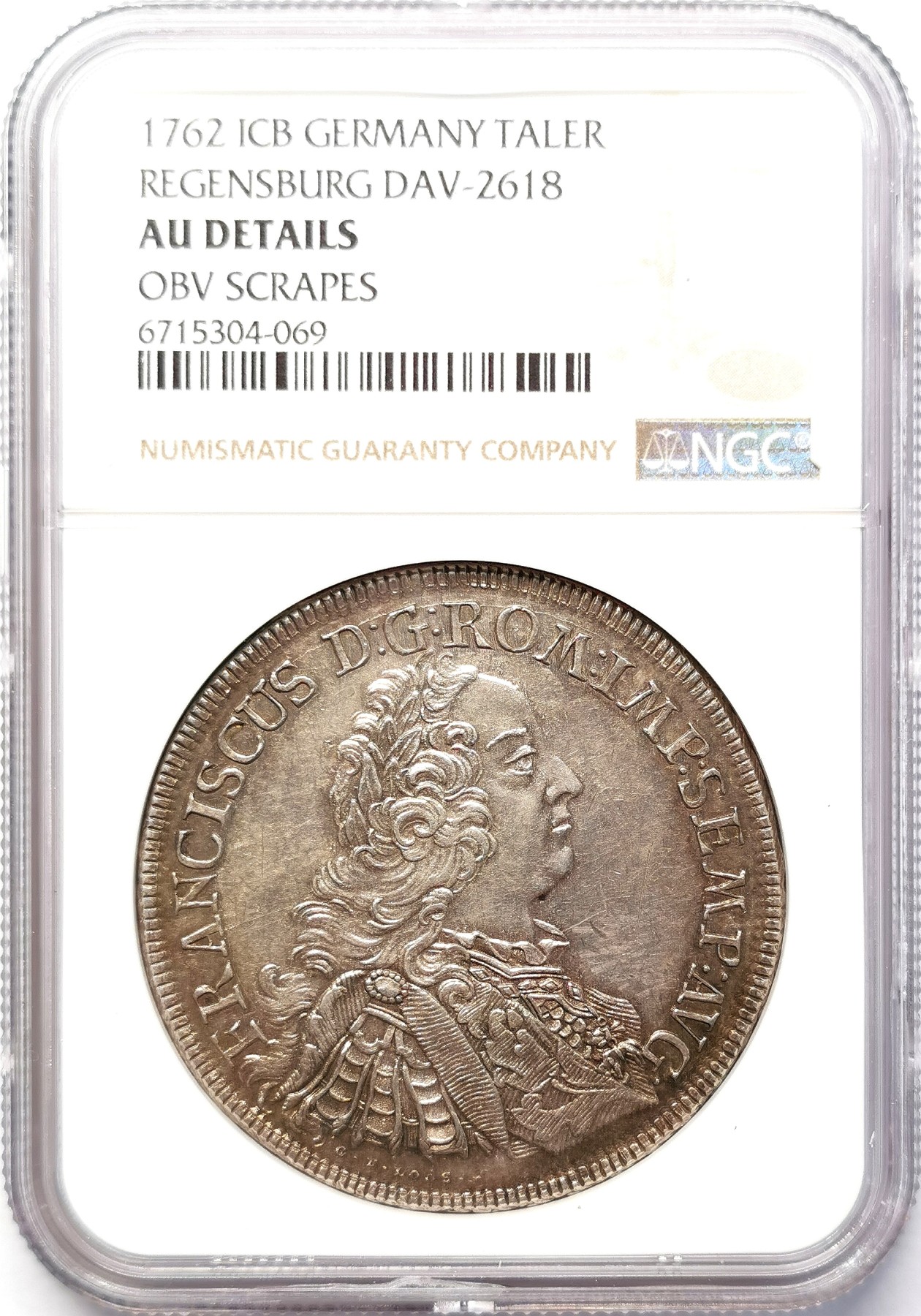 凡希社世界钱币微拍第二百六十四期 1762神罗帝国自由市城市景观泰勒大银NGC-AUD，灰彩细节优良！