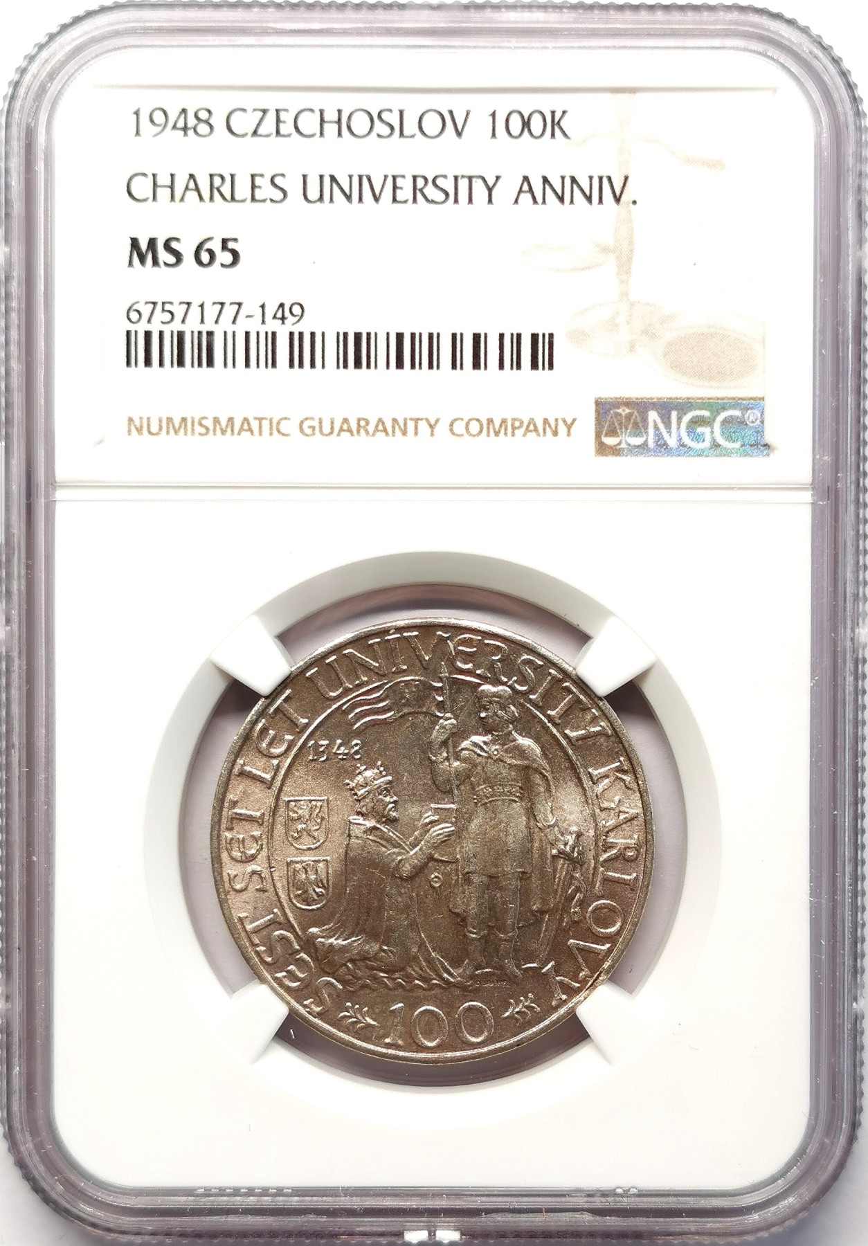 凡希社世界钱币微拍第二百六十四期 1948捷克斯洛伐克查尔斯大学100克朗银币NGC-MS65