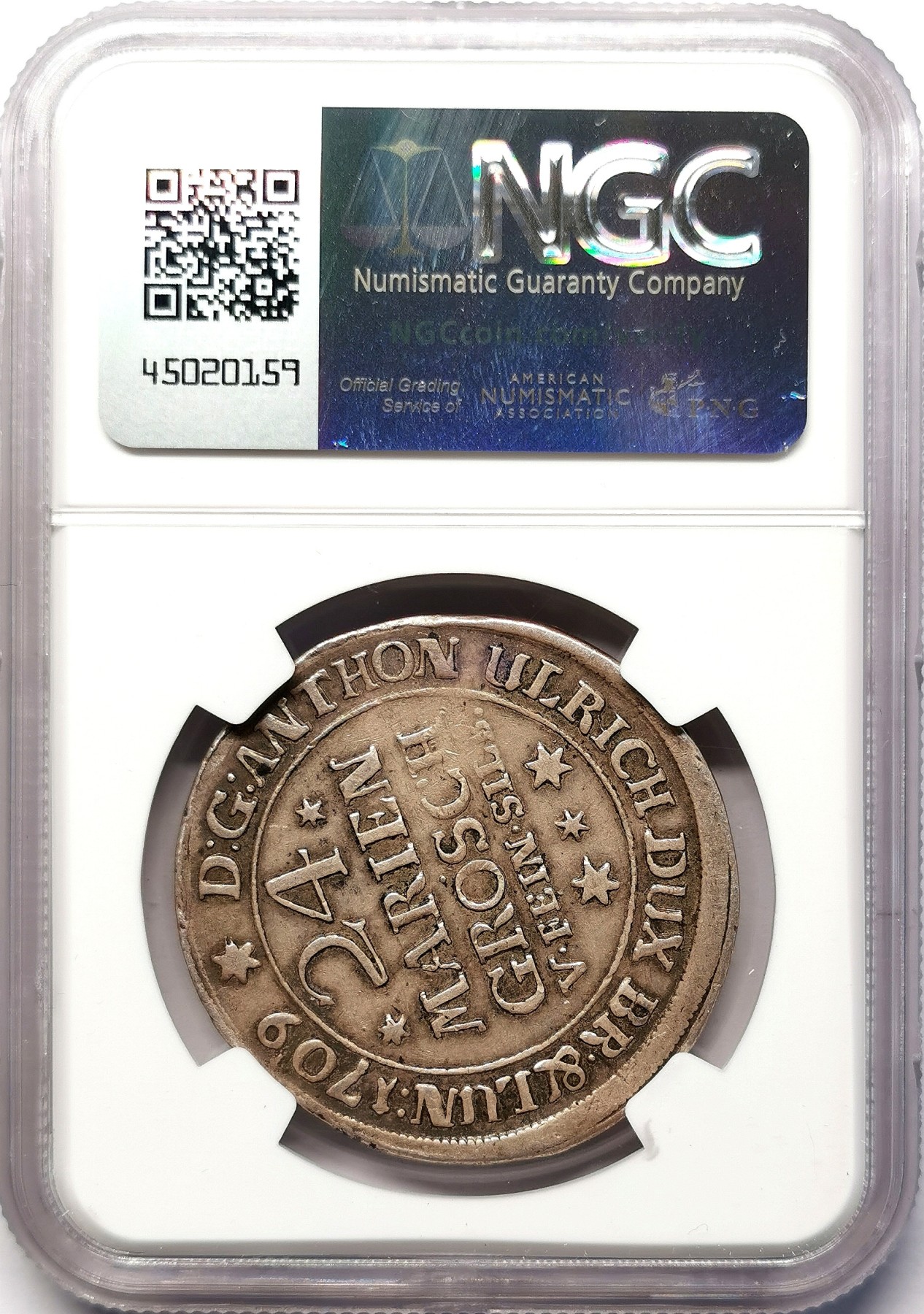 凡希社世界钱币微拍第二百六十四期 1709布伦瑞克吕内堡野人24MG（2/3泰勒）银币NGC-XF45 味道好！