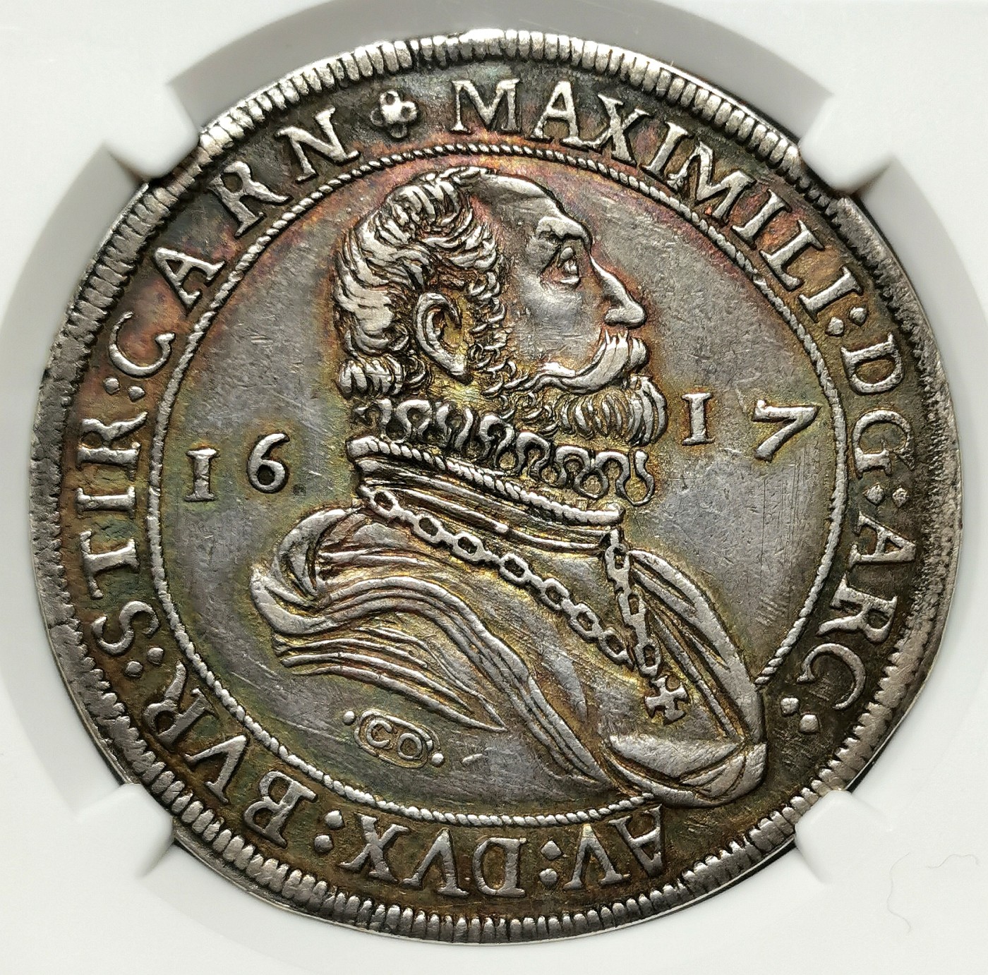 凡希社世界钱币微拍第二百六十四期 1617神罗奥地利大公马克西米利安泰勒大银NGC-AUD 黑彩！