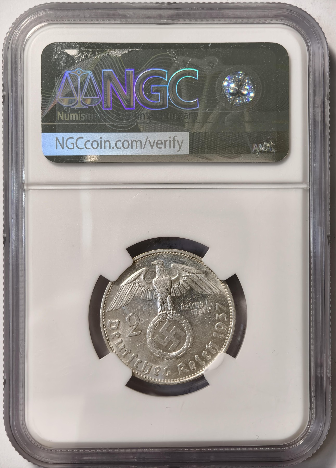 紫瑗钱币——第458期 德国 1937年 E版 兴登堡 2马克 银币 NGC MS62