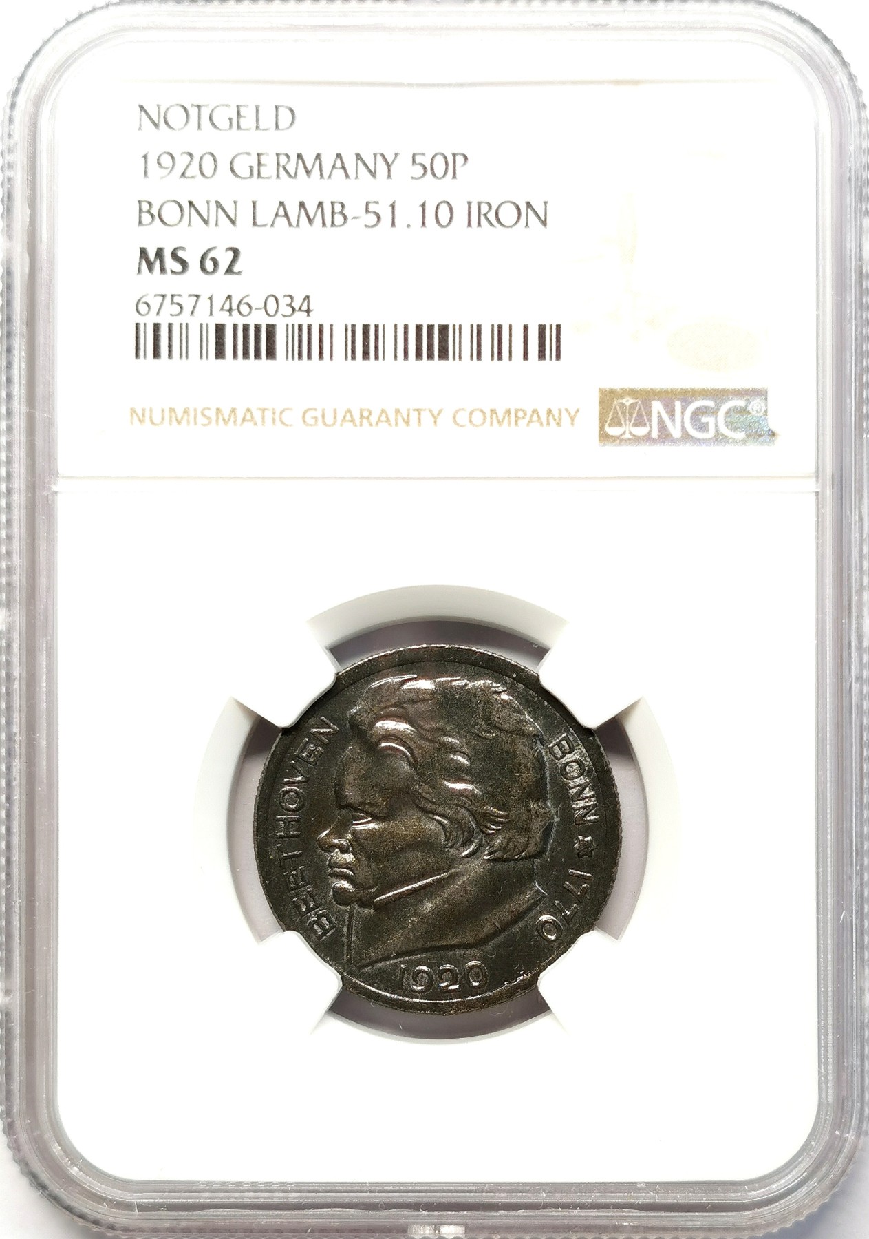 凡希社世界钱币微拍第二百六十四期 1920德紧波恩贝多芬50芬尼铁币NGC-MS62 无腐蚀少见！