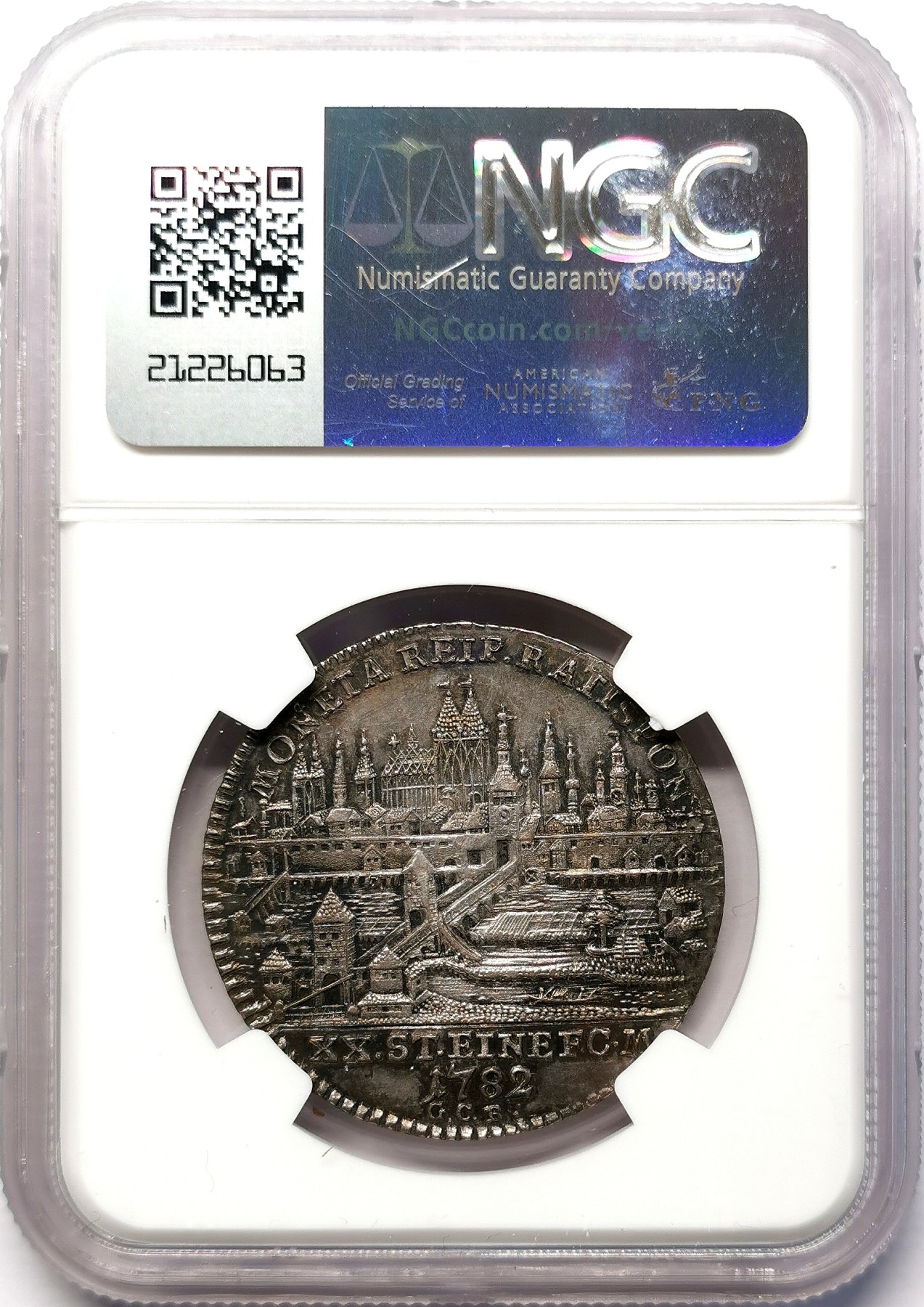凡希社世界钱币微拍第二百六十四期 荐！1782神罗帝国自由市雷根斯堡城市景观1/2泰勒NGC-AUD，约瑟夫二世军装像！