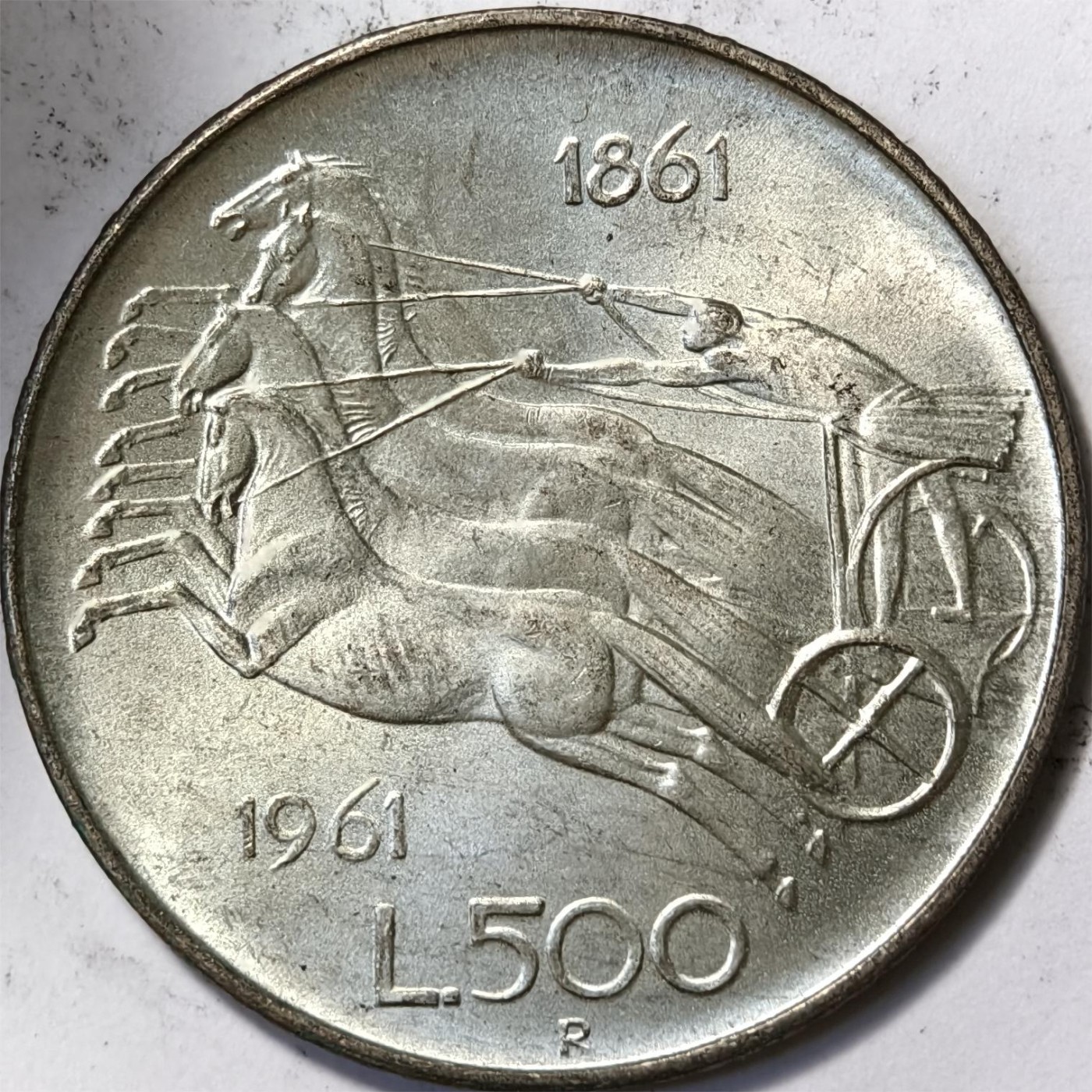 紫瑗钱币——第332期拍卖 意大利 1961年 马车 500里拉 11克 0.835银 UNC