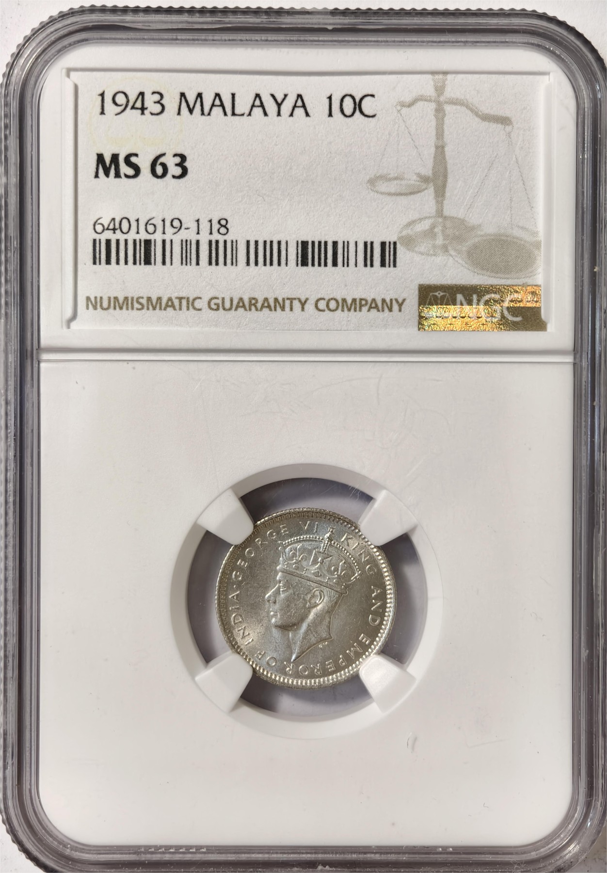 紫瑗钱币——第332期拍卖 马来亚 1943年 乔治六世 10分 银币 NGC MS63