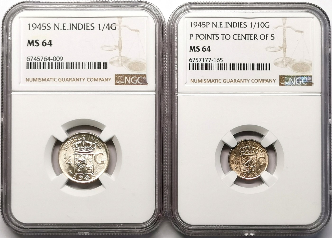 凡希社世界钱币微拍第二百六十四期 1945荷属东印度1/10与1/4盾银币一对NGC-MS64