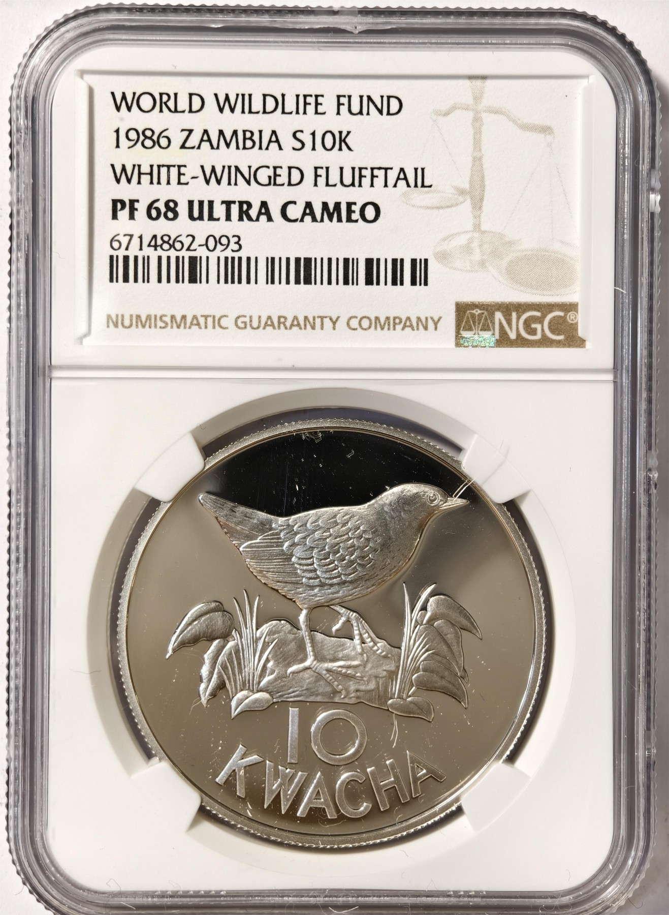 紫瑗钱币——第332期拍卖  赞比亚 1986年 WWF基金会25周年 鸟 10卡瓦查 银币 NGC PR68 UC