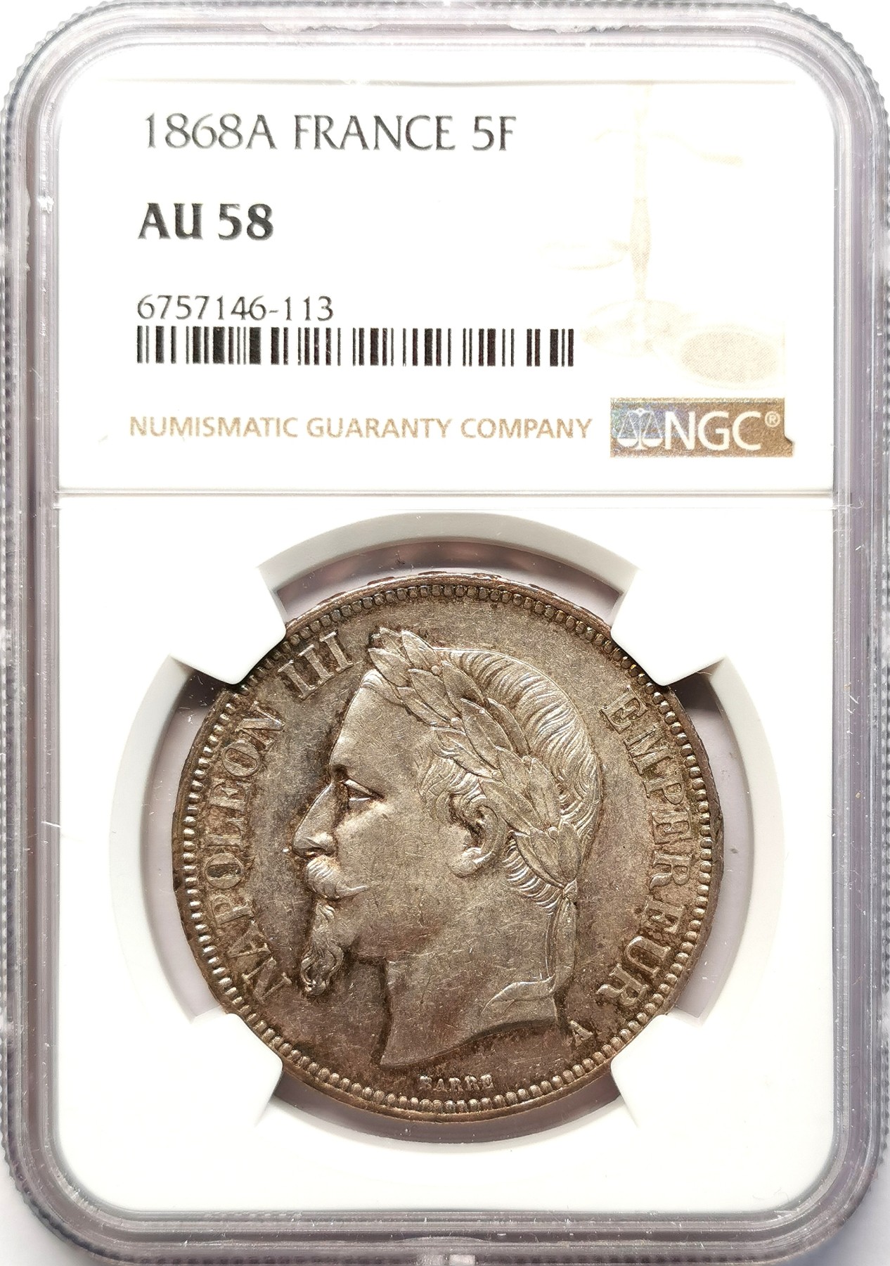 凡希社世界钱币微拍第二百六十四期 1868A法国拿三5法郎大银NGC-AU58