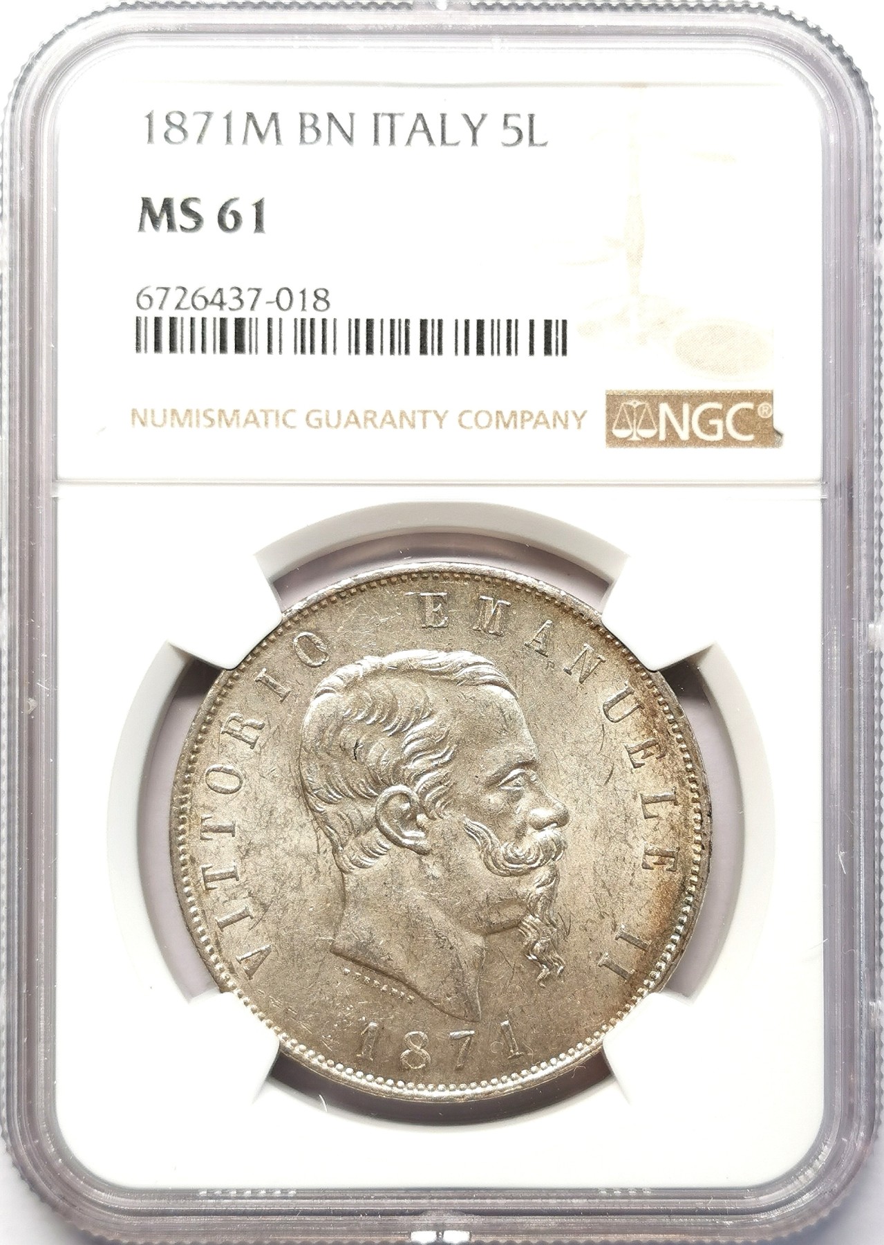 凡希社世界钱币微拍第二百六十四期 1871M意大利埃曼努尔二世5里拉大银NGC-MS61