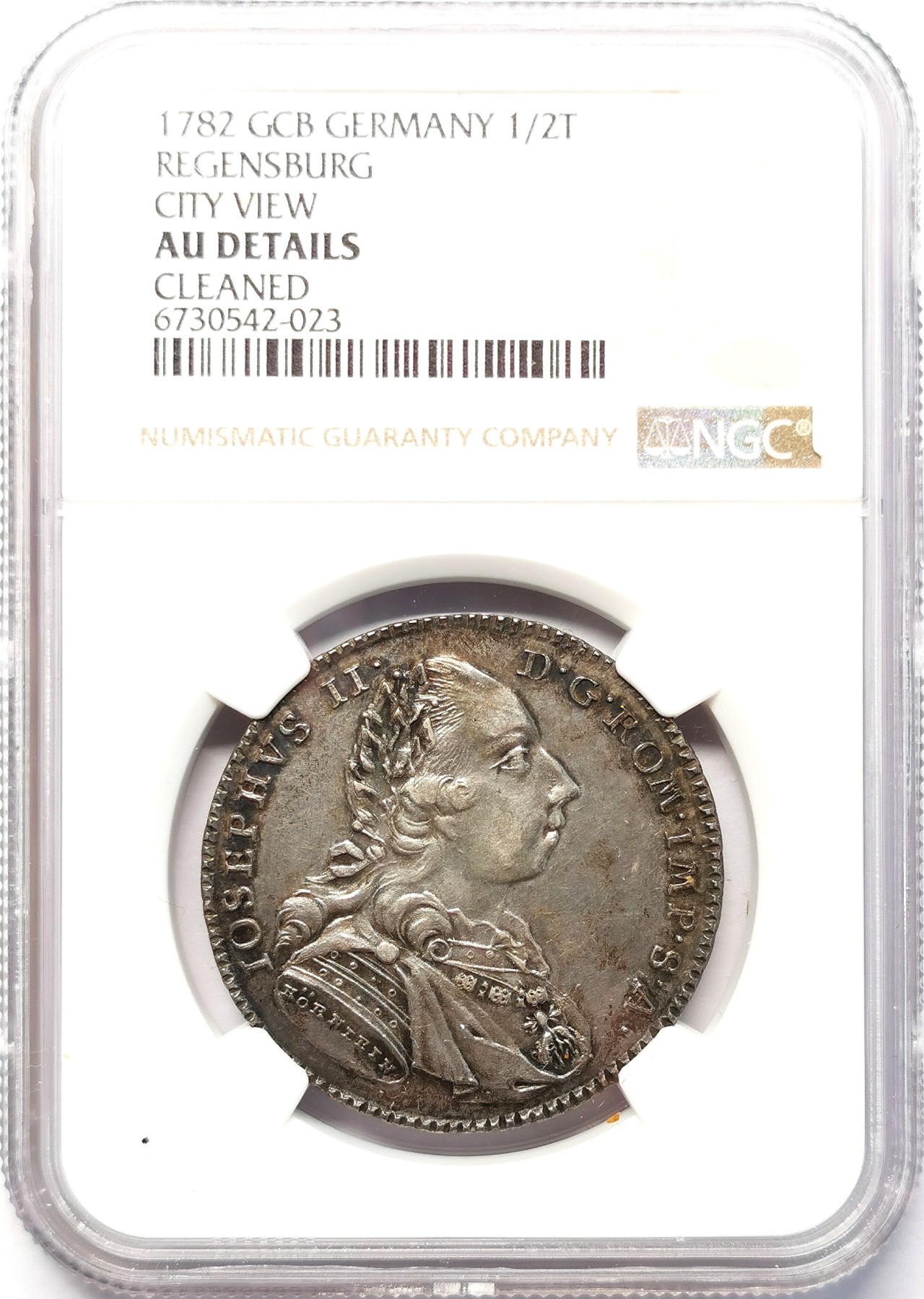凡希社世界钱币微拍第二百六十四期 荐！1782神罗帝国自由市雷根斯堡城市景观1/2泰勒NGC-AUD，约瑟夫二世军装像！