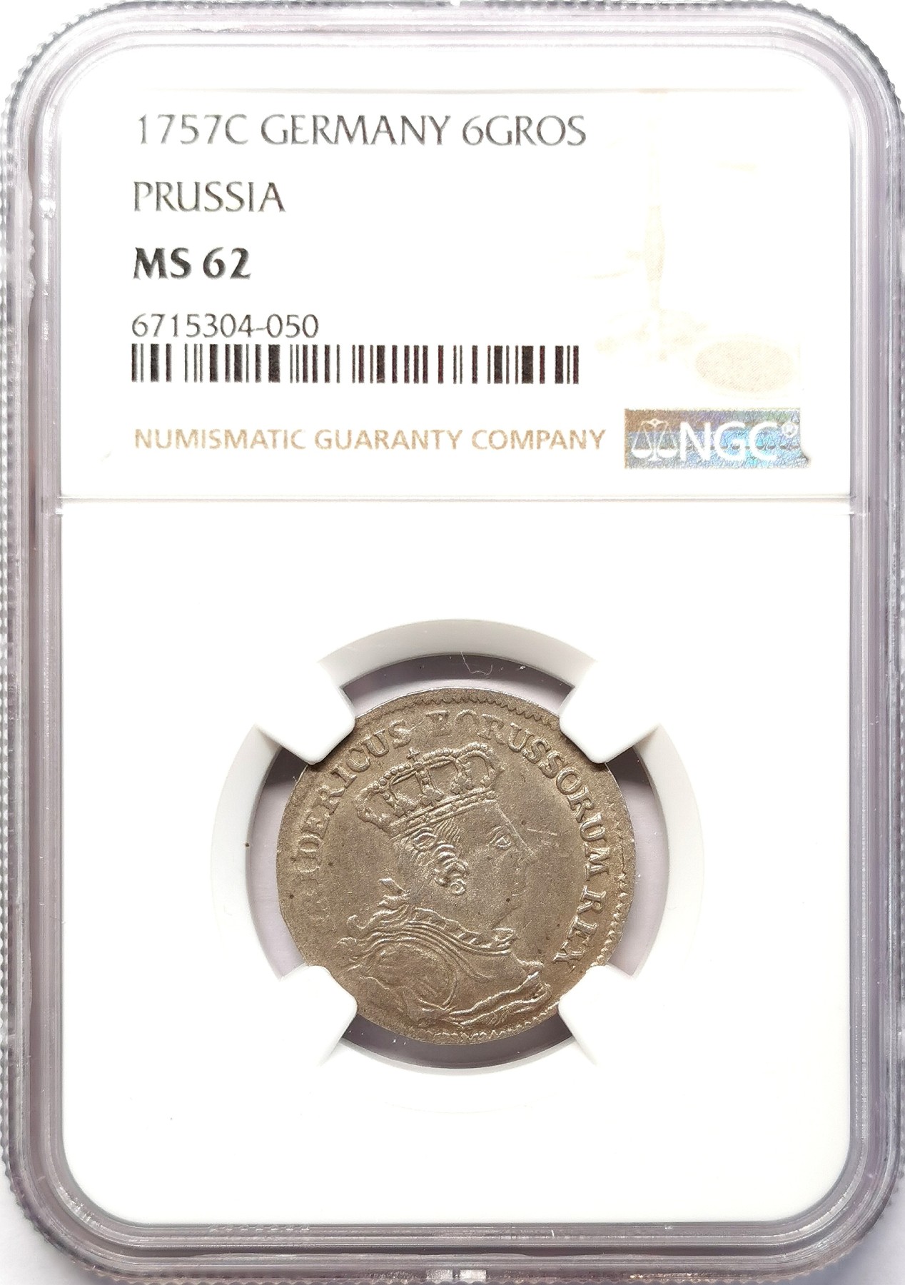 凡希社世界钱币微拍第二百六十四期 1757C普鲁士弗里德里希二世王冠像6GROS银币NGC-MS62