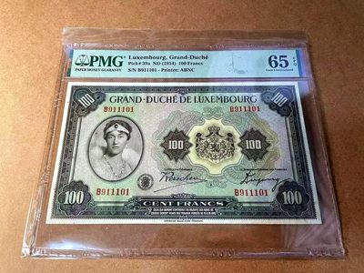 【Blue Auction】✨世界纸币精拍第451期【精】 - 【倒置靓号】卢森堡 1934年100法郎 女大公夏洛特 背面大场景ABNC雕刻精美 PMG65EPQ 大票幅 