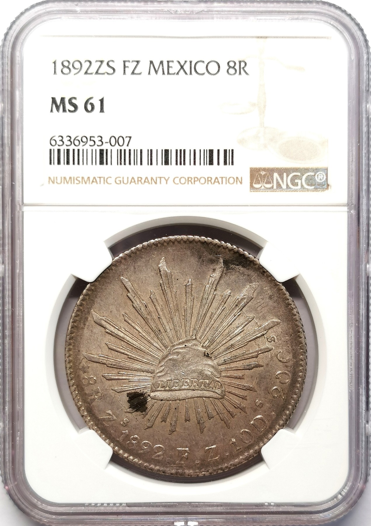 凡希社世界钱币微拍第二百六十四期 1892ZS墨西哥花边鹰洋8R大银NGC-MS61
