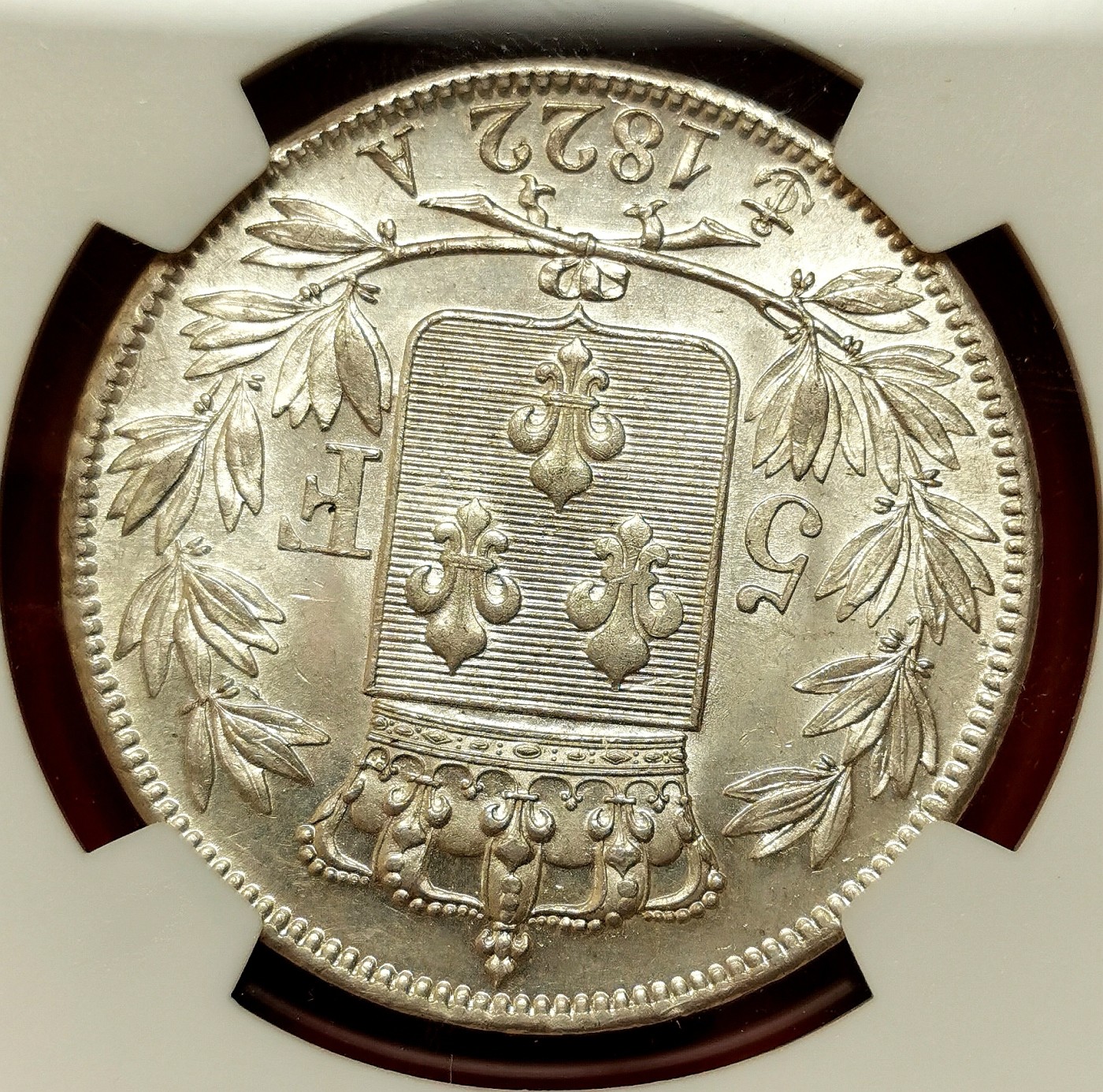 凡希社世界钱币微拍第二百六十四期 荐！1822A法国波旁王朝二次复辟路易十八5法郎大银NGC-MS62 原色银光收藏级！