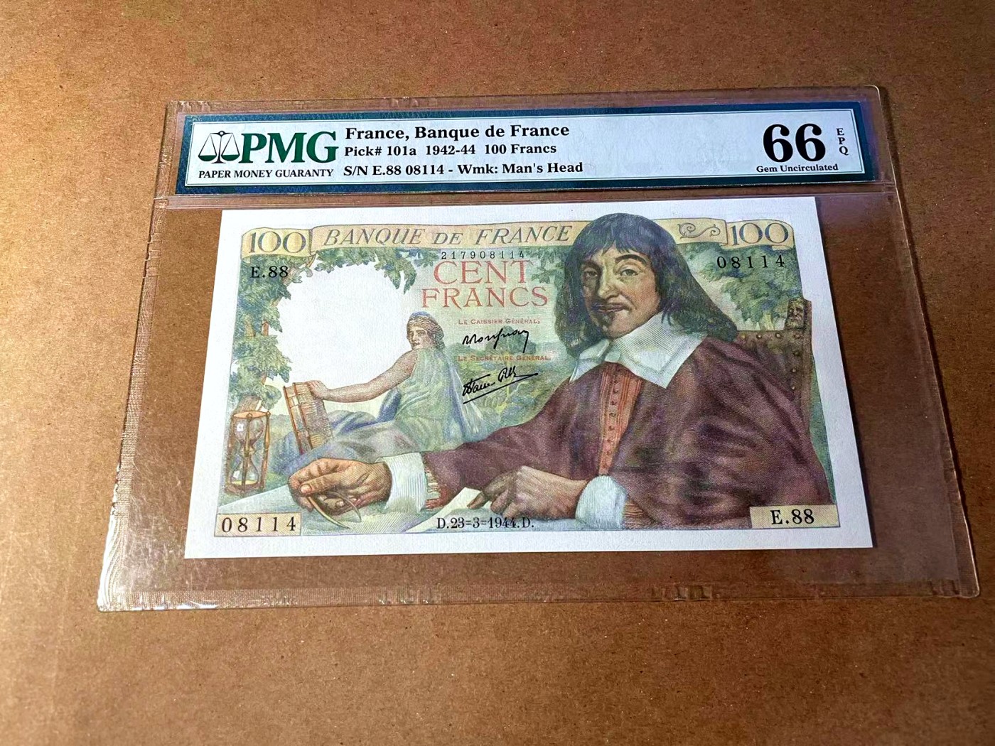 【Blue Auction】✨世界纸币精拍第451期【精】 法国 1944年100法郎 笛卡尔 PMG66EPQ 