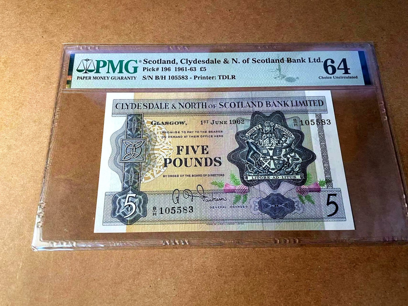 【Blue Auction】✨世界纸币精拍第451期【精】 【无47】苏格兰 1962年5镑 PMG64 背面雕刻精美 