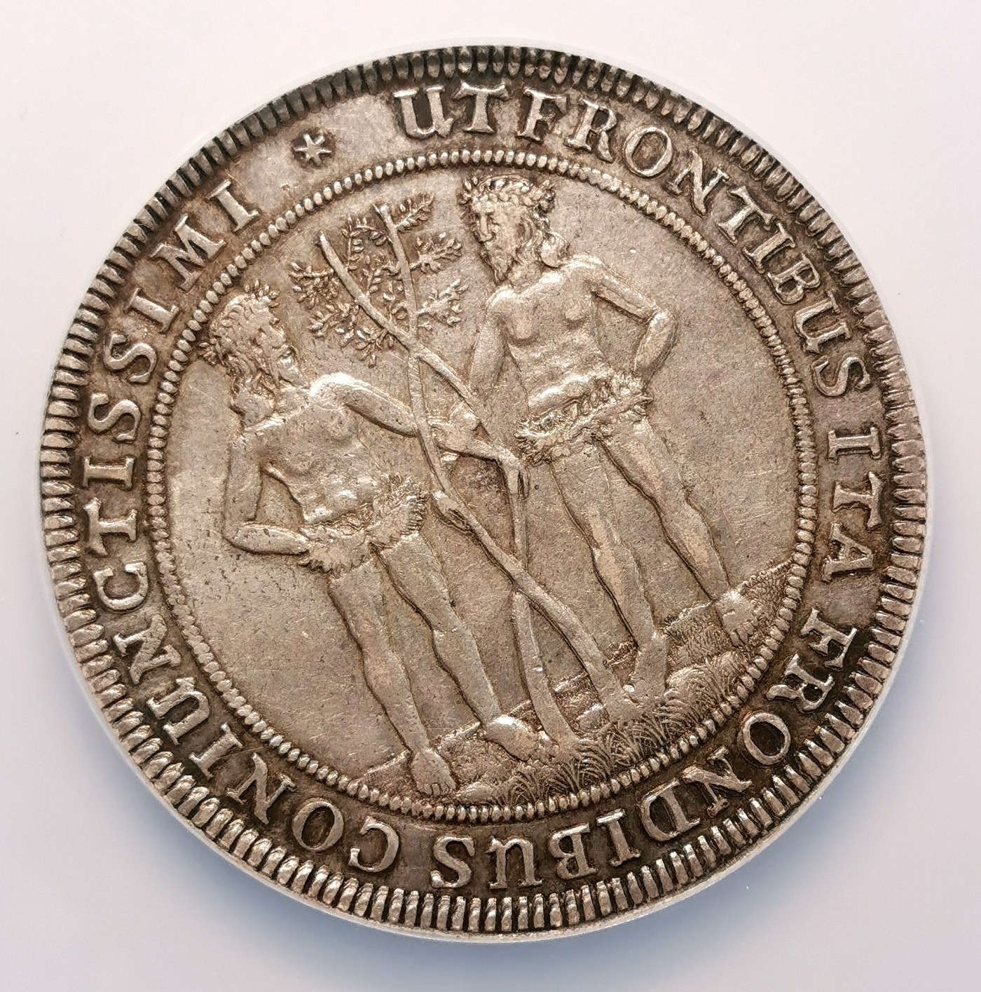 凡希社世界钱币微拍第二百六十四期 1686RB布伦瑞克-沃芬伯特合欢树下的野人大型泰勒NGC-AU50 传世灰彩，些微弱打，状态舒服的一枚！ 