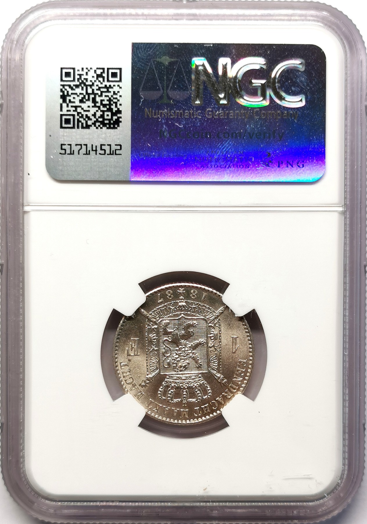 凡希社世界钱币微拍第二百六十四期 1887比利时王国银法郎弗兰芒语NGC-MS63