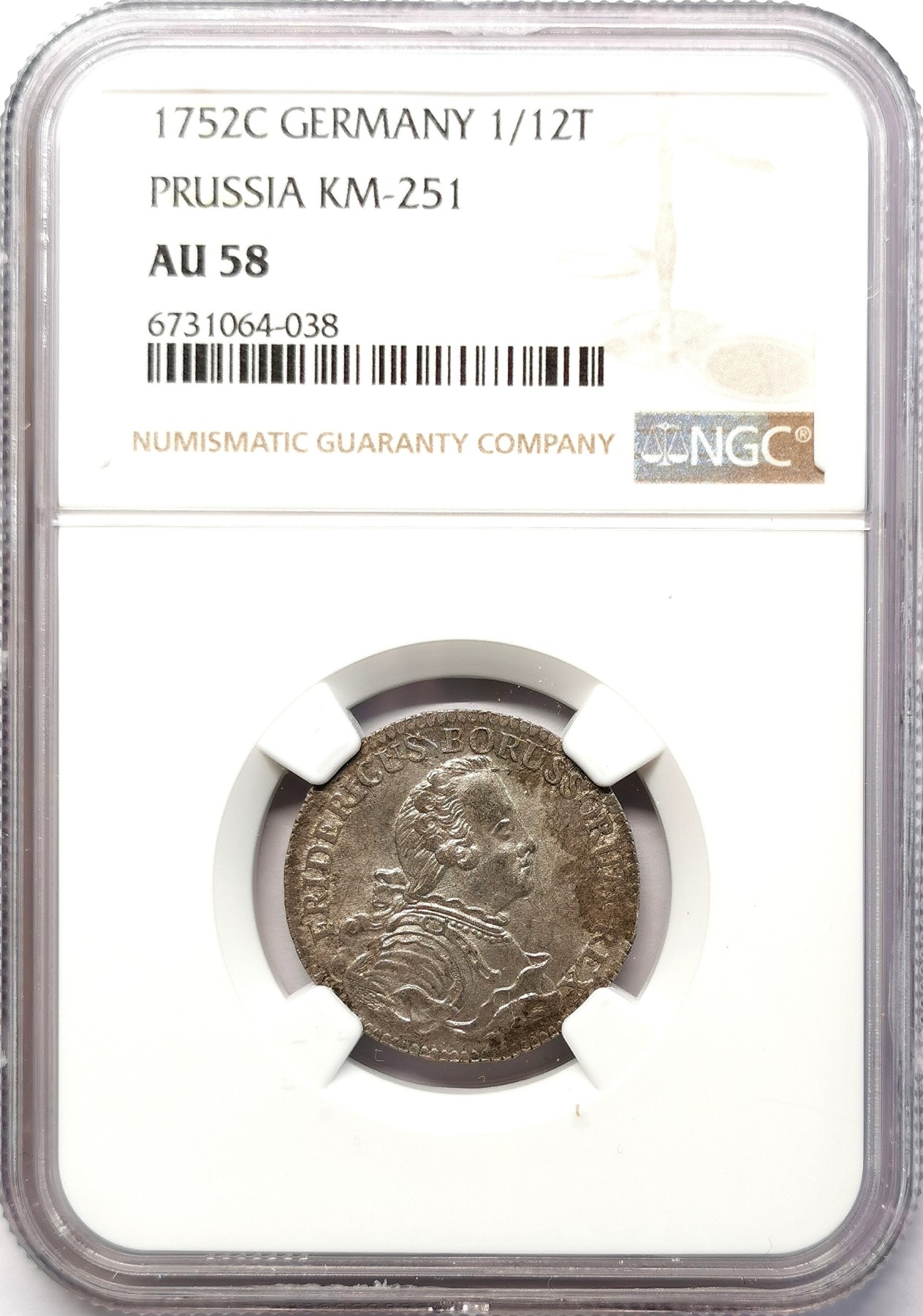 凡希社世界钱币微拍第二百六十四期 1752C普鲁士弗里德里希二世1/12泰勒银辅币NGC-AU58