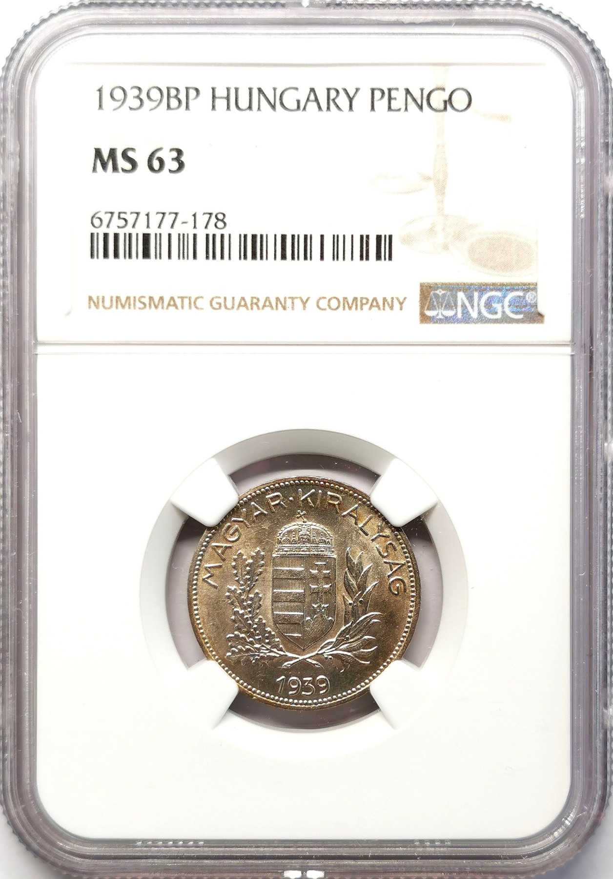 凡希社世界钱币微拍第二百六十四期 1939匈牙利1Pengo银币NGC-MS63