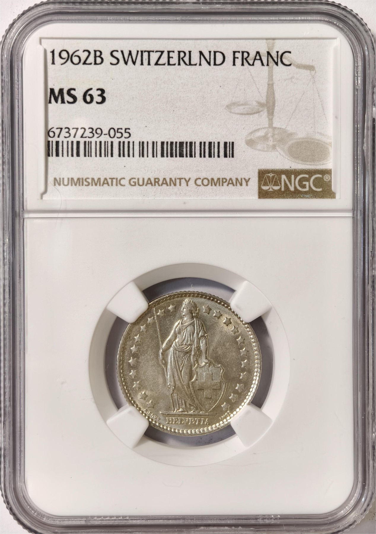 紫瑗钱币——第332期拍卖 瑞士 1962年 赫尔维蒂亚 1法郎 银币 NGC MS63