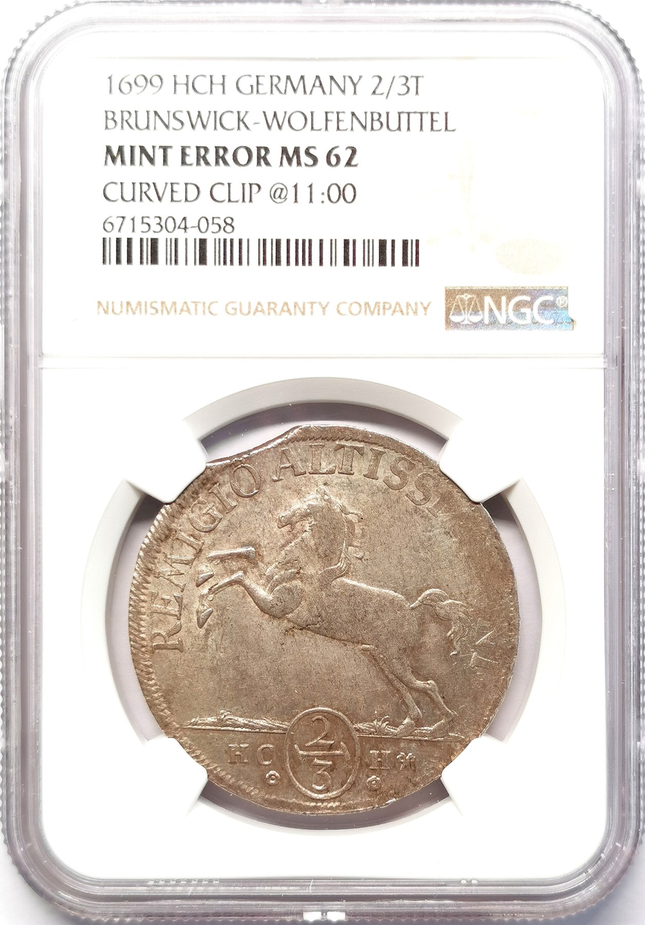 凡希社世界钱币微拍第二百六十四期 荐！1699布伦瑞克-沃芬伯特奔马2/3泰勒大银NGC-MS62，币胚错版，黄油彩光！