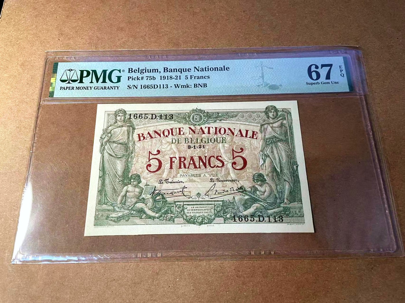 【Blue Auction】✨世界纸币精拍第451期【精】 【无47 仅1张更高分】比利时 早期 1921年5法郎 PMG67EPQ 高分