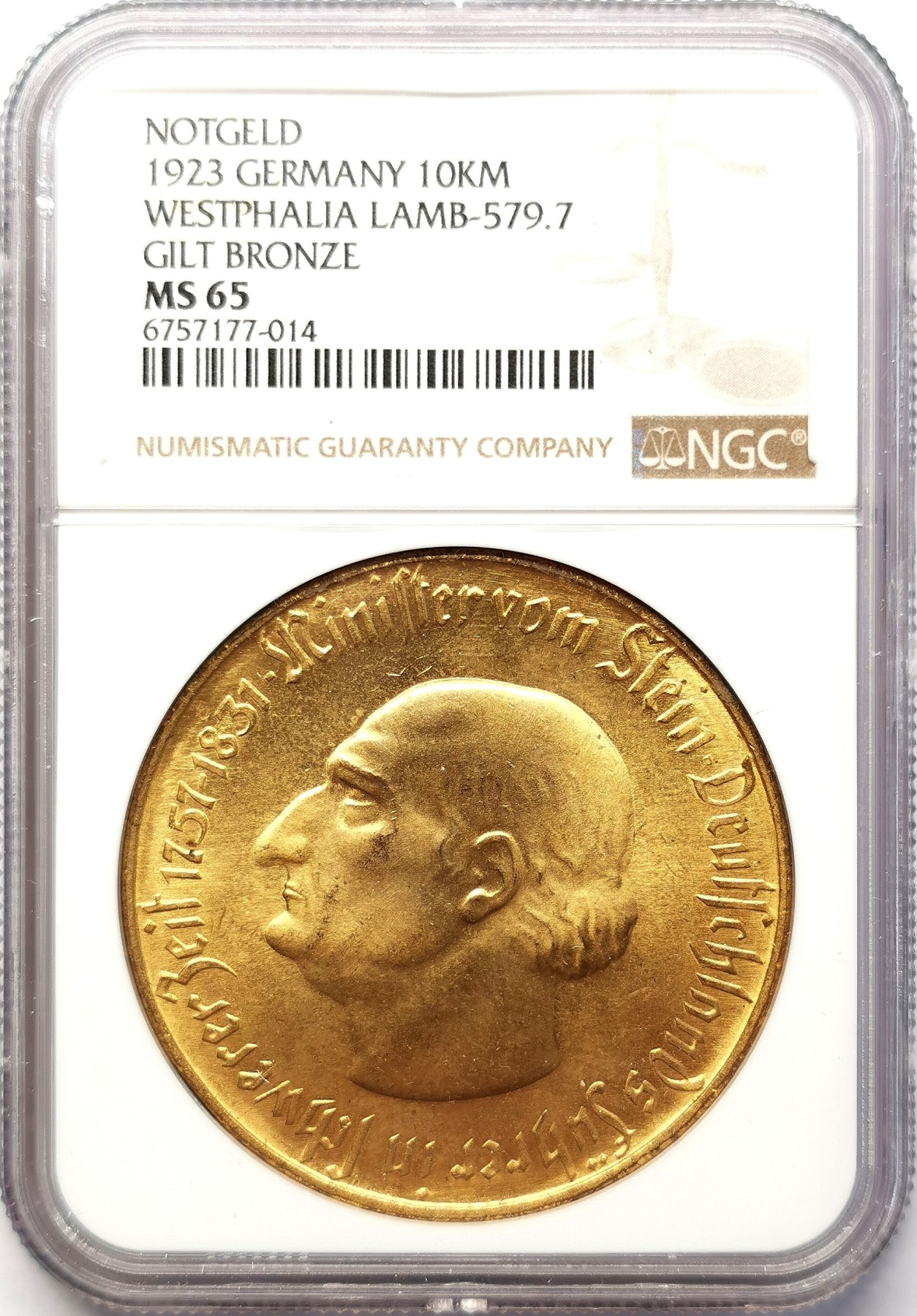 凡希社世界钱币微拍第二百六十四期 1923德紧威斯特伐利亚马币10000马克NGC-MS65 镀层完美！