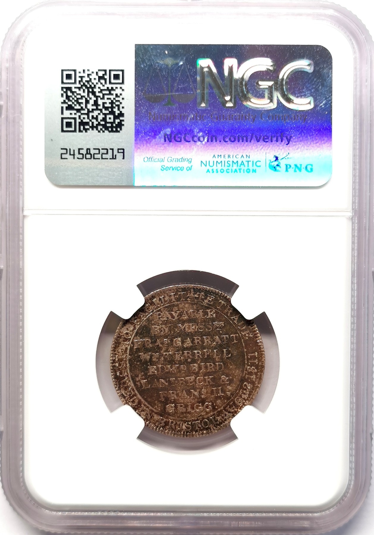 凡希社世界钱币微拍第二百六十四期 荐！1811英国布里斯托七商家联合发行12便士银token NGC-MS61，R级稀有品种！