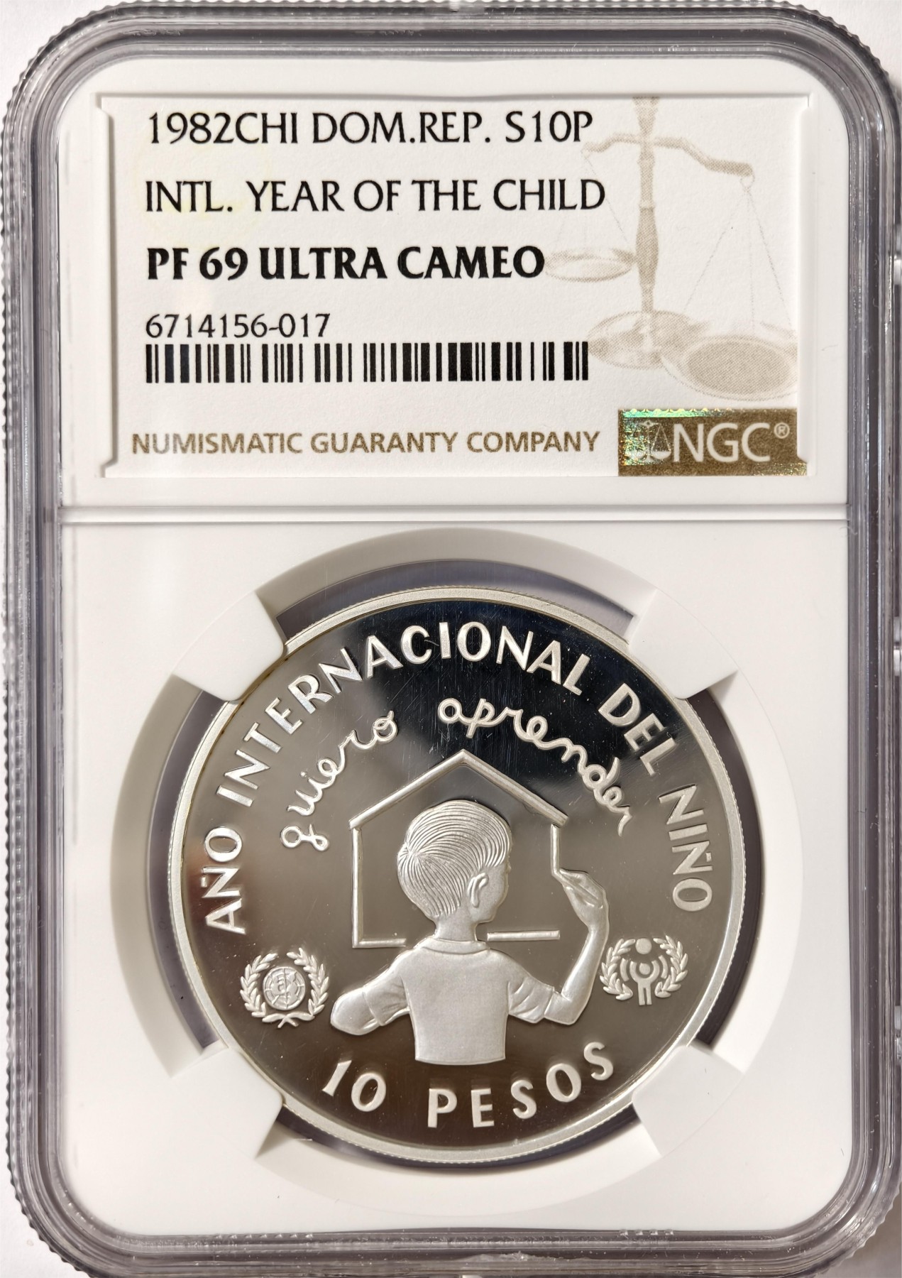 紫瑗钱币——第332期拍卖 多米尼加共和国 1982年 国际儿童年 10比索 银币 NGC PR69 UC