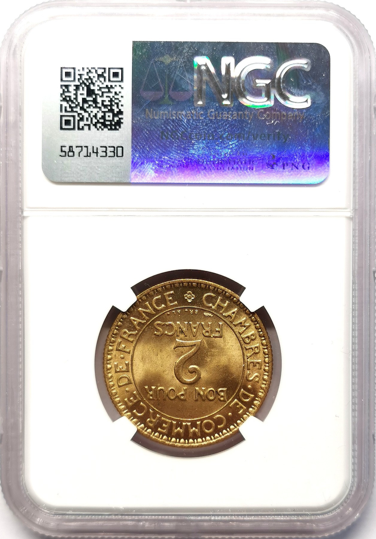 凡希社世界钱币微拍第二百六十四期 1922法国2法郎铜币NGC-MS65