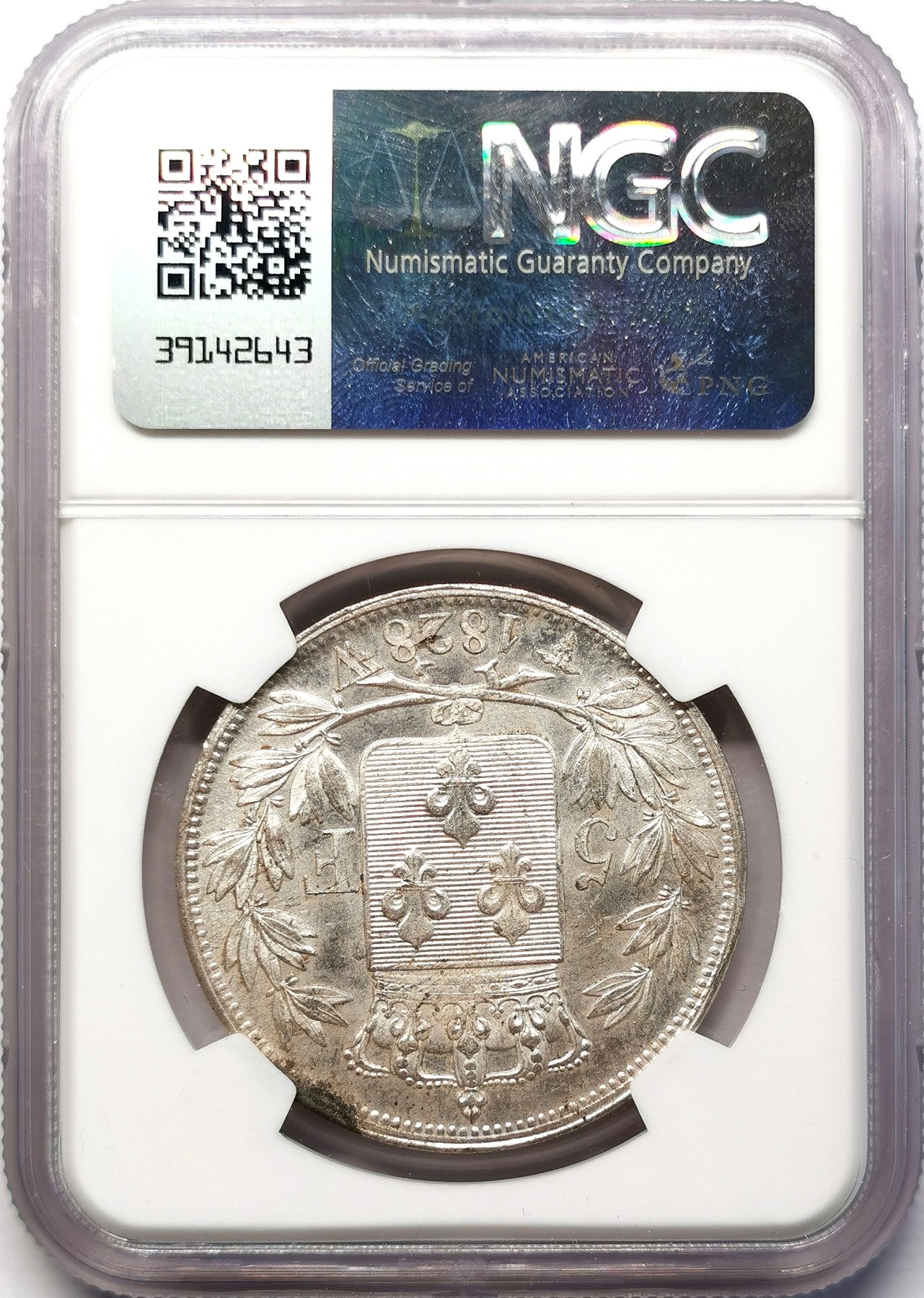 凡希社世界钱币微拍第二百六十四期 荐！1828W法国查理十世5法郎大银NGC-MS63 灰彩银光质感卓越！请参考视频。