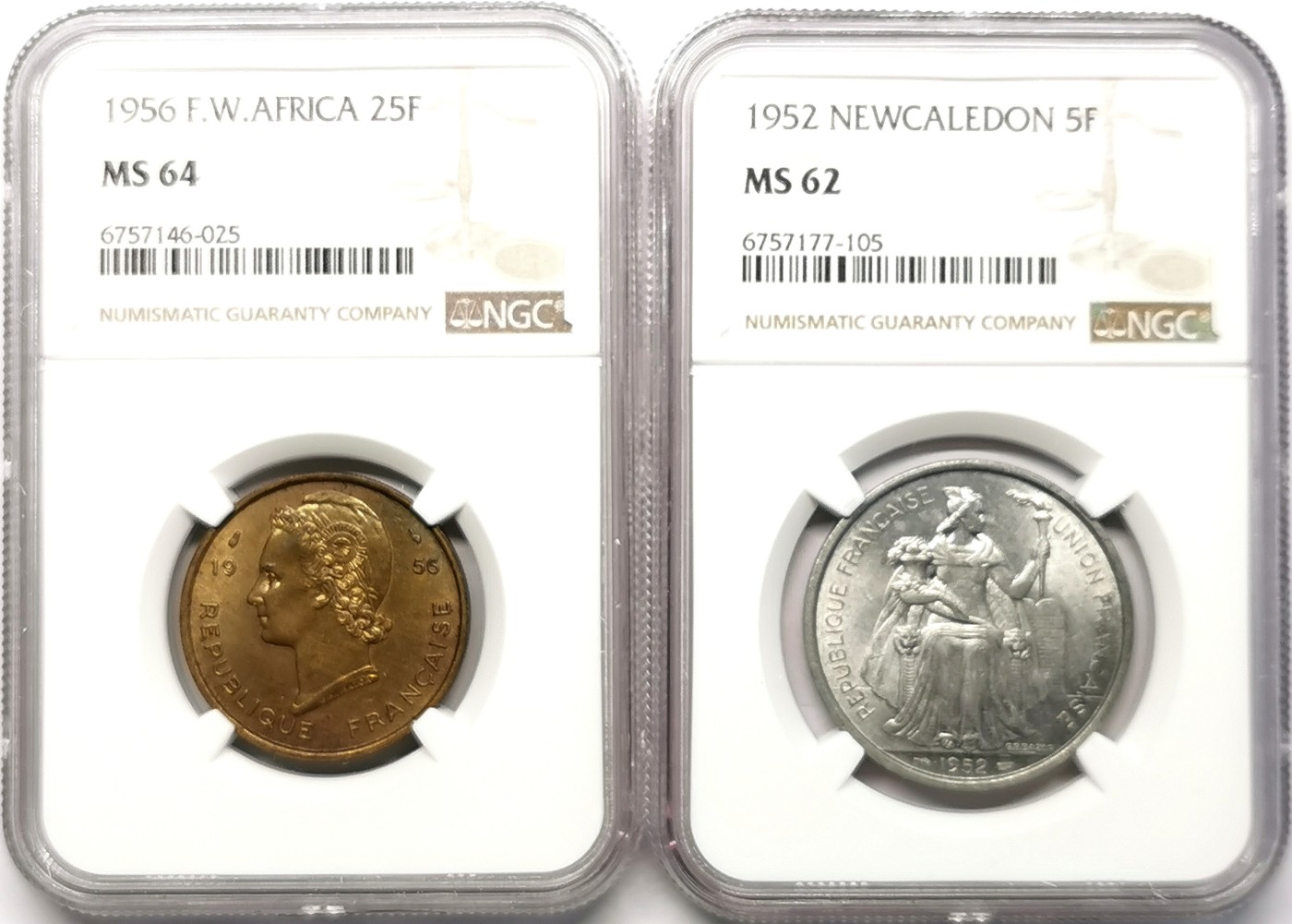 凡希社世界钱币微拍第二百六十四期 法属西非与新喀里多尼亚一对NGC-MS64/62