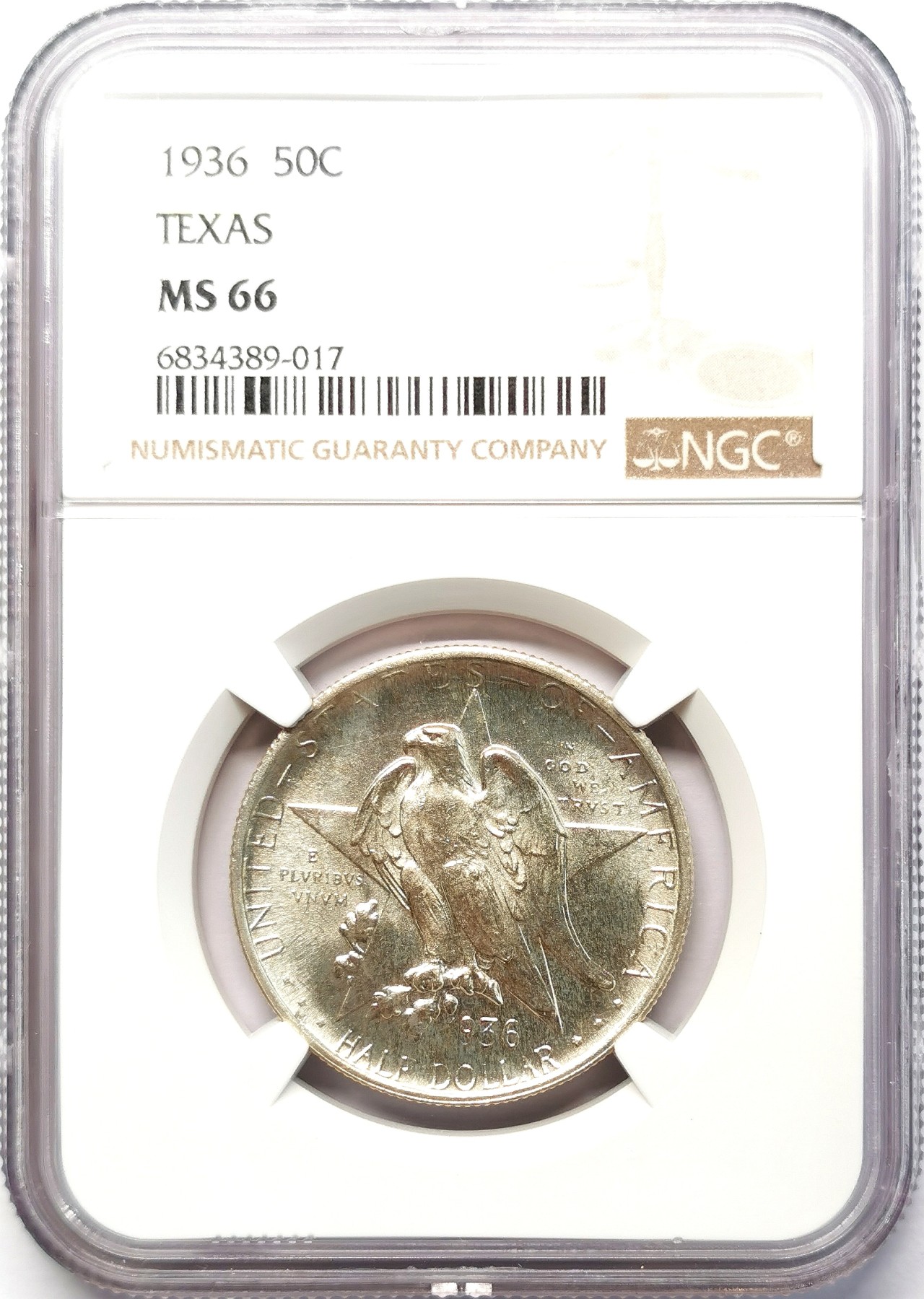 凡希社世界钱币微拍第二百六十四期 1936美国德克萨斯州百年纪念1/2Dol银币NGC-MS66 车轮转光，收藏级品相！
