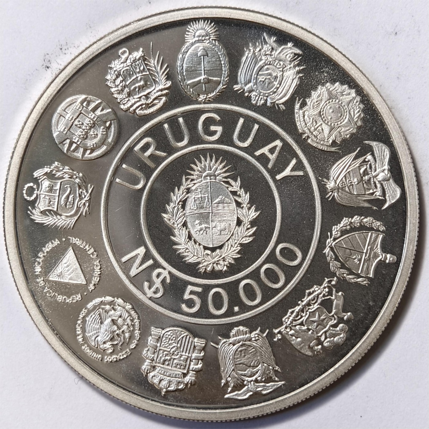 紫瑗钱币——第332期拍卖 乌拉圭 1991年 伊比利亚-美洲 国徽 50000比索 27克 0.925银 精制