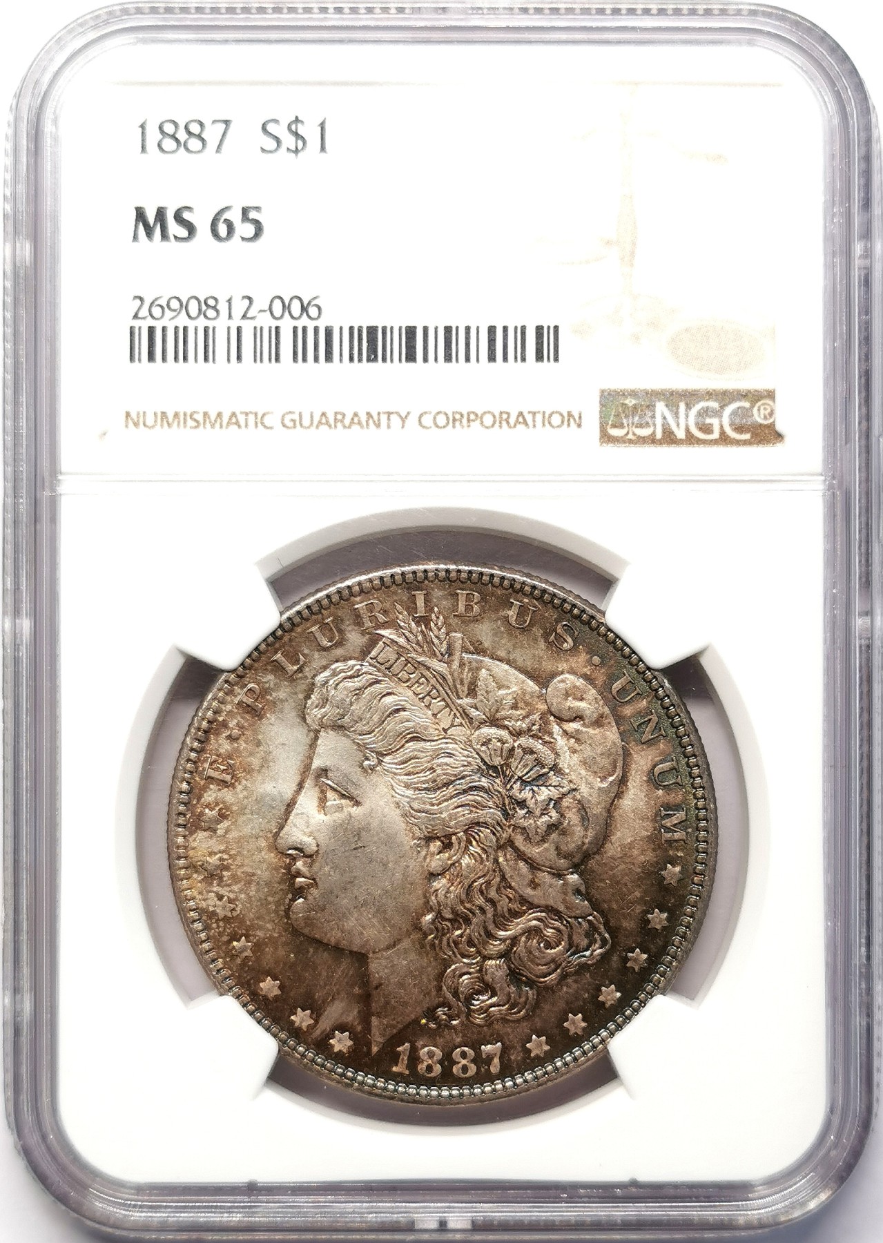 凡希社世界钱币微拍第二百六十四期 1887美国摩根壹元NGC-MS65 深色紫金彩！