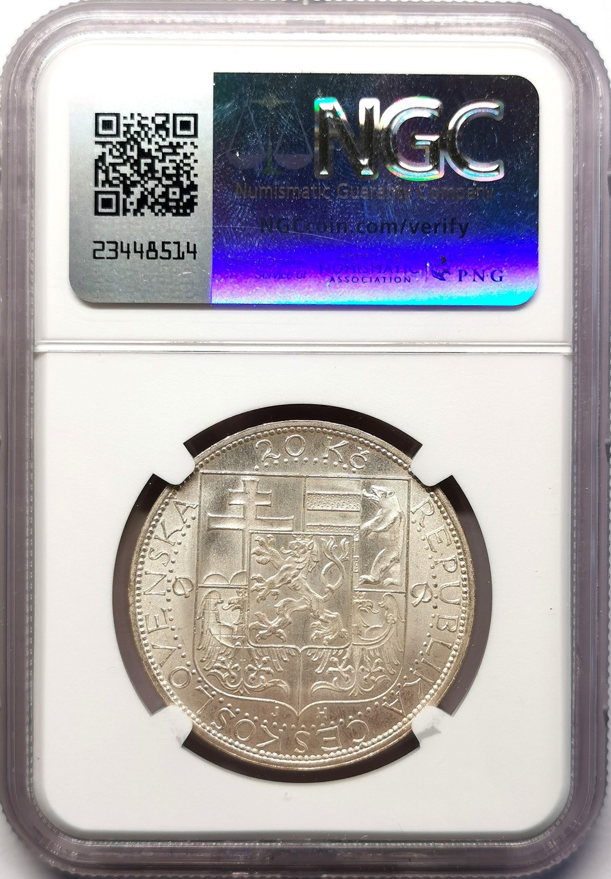 凡希社世界钱币微拍第二百六十四期 1937捷克斯洛伐克马萨里克20K纪念银币NGC-MS64