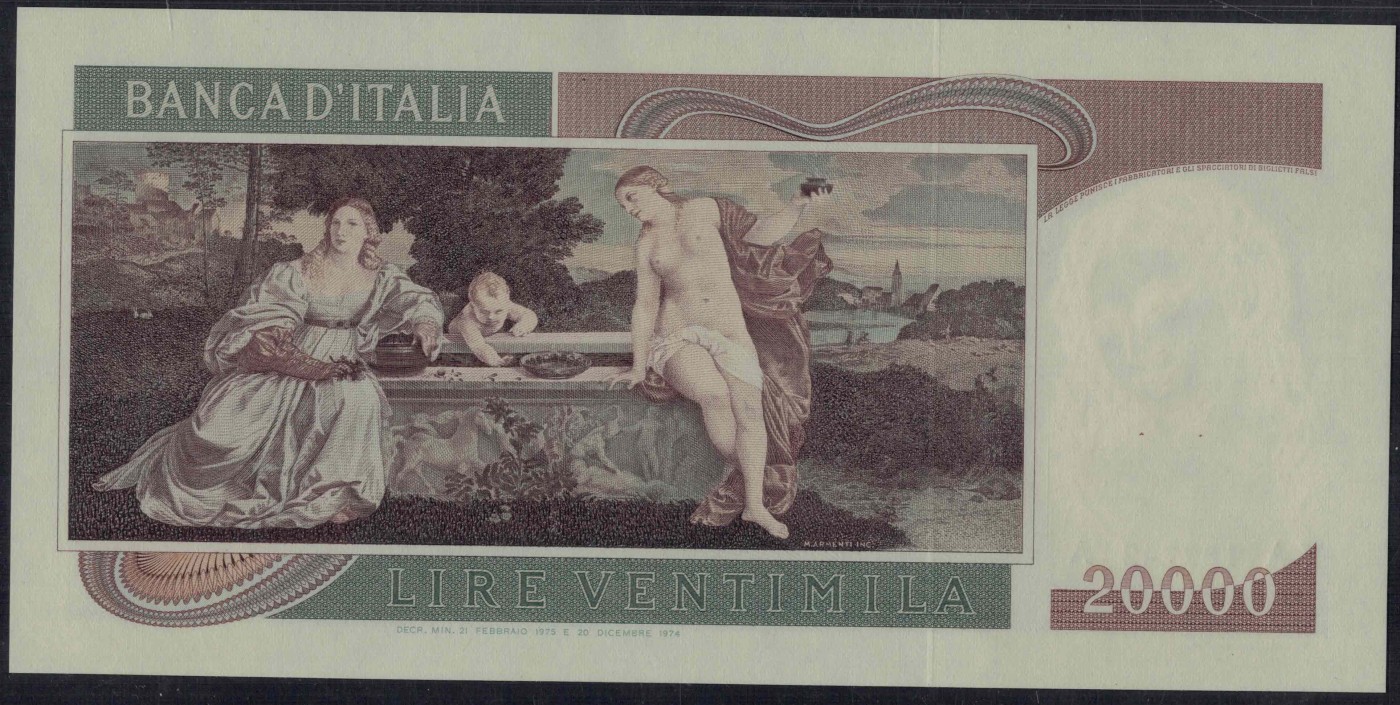 意大利1975年20000里拉 P-104 欧洲纸币 实物图 UNC