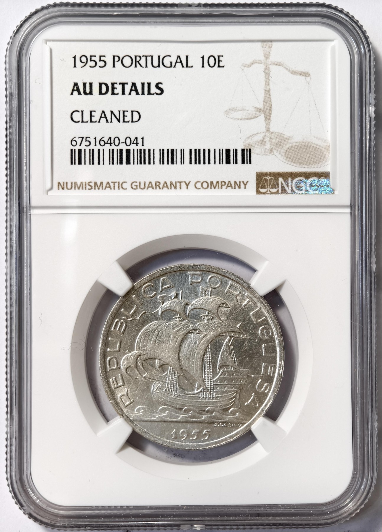 紫瑗钱币——第458期 葡萄牙 1955年 帆船 10埃斯库多 银币 NGC AU Detail
