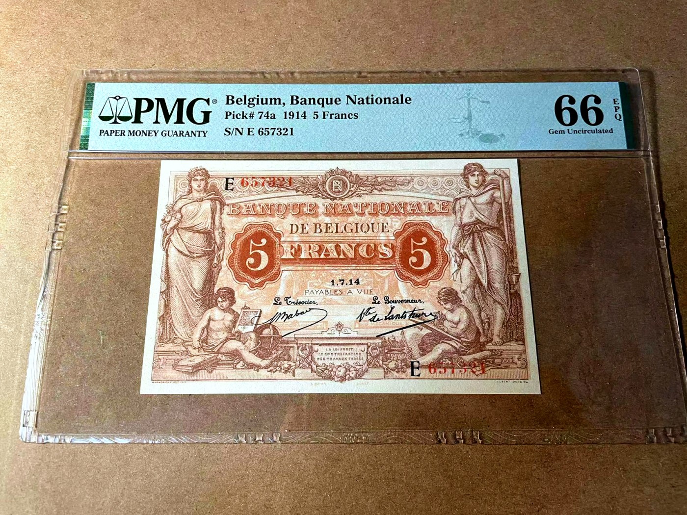 【Blue Auction】✨世界纸币精拍第451期【精】 【唯一冠军分】比利时 早期 1914年5法郎 PMG66EPQ 罕见版本
