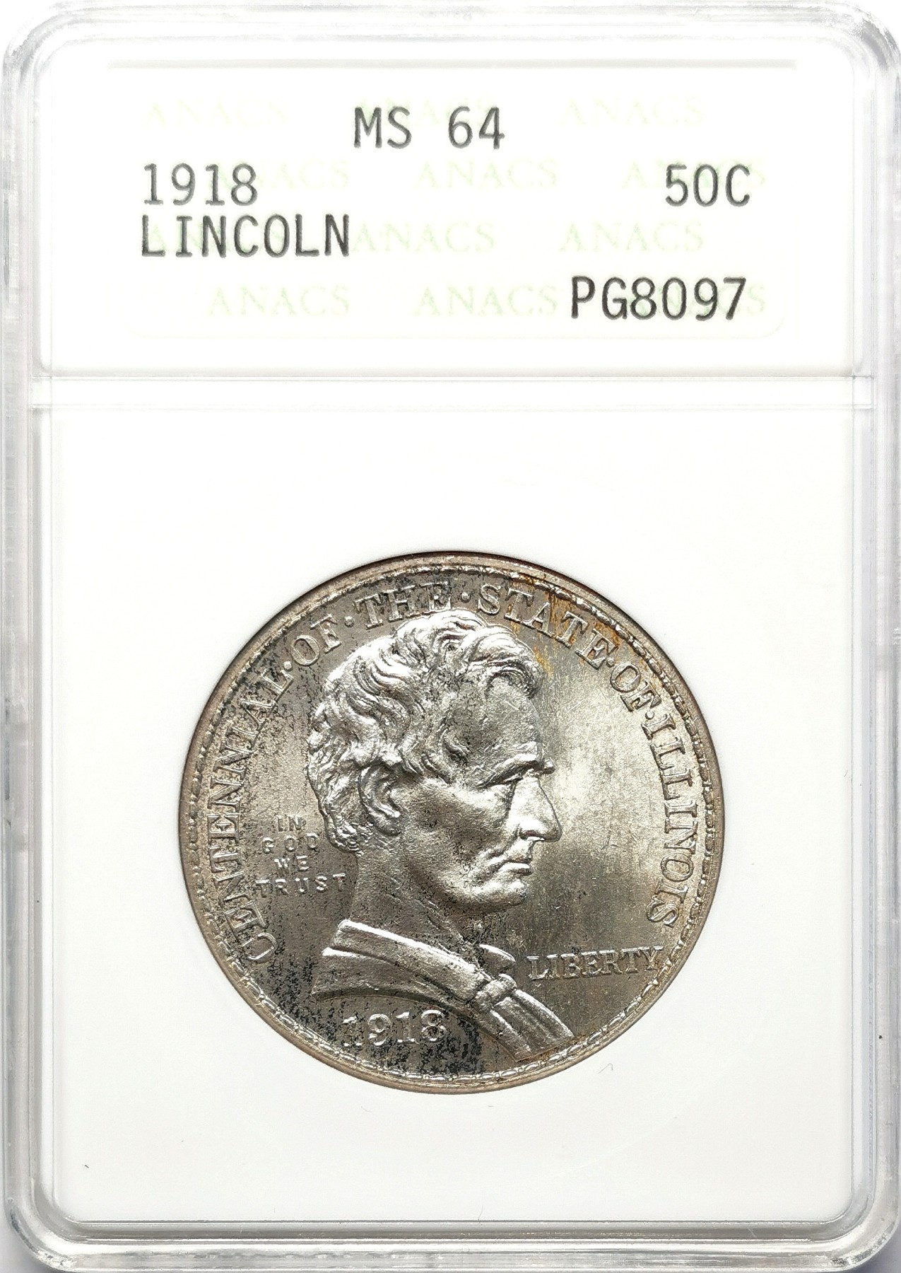 凡希社世界钱币微拍第二百六十四期 1918美国林肯1/2Dol纪念银币ANACS-MS64灰彩银光，A记经典小白盒！