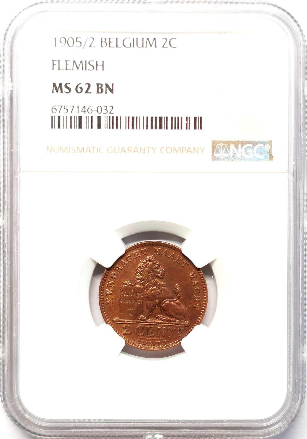 凡希社世界钱币微拍第二百六十四期 1905/2比利时弗兰芒语2C铜币NGC-MS62骑字版！