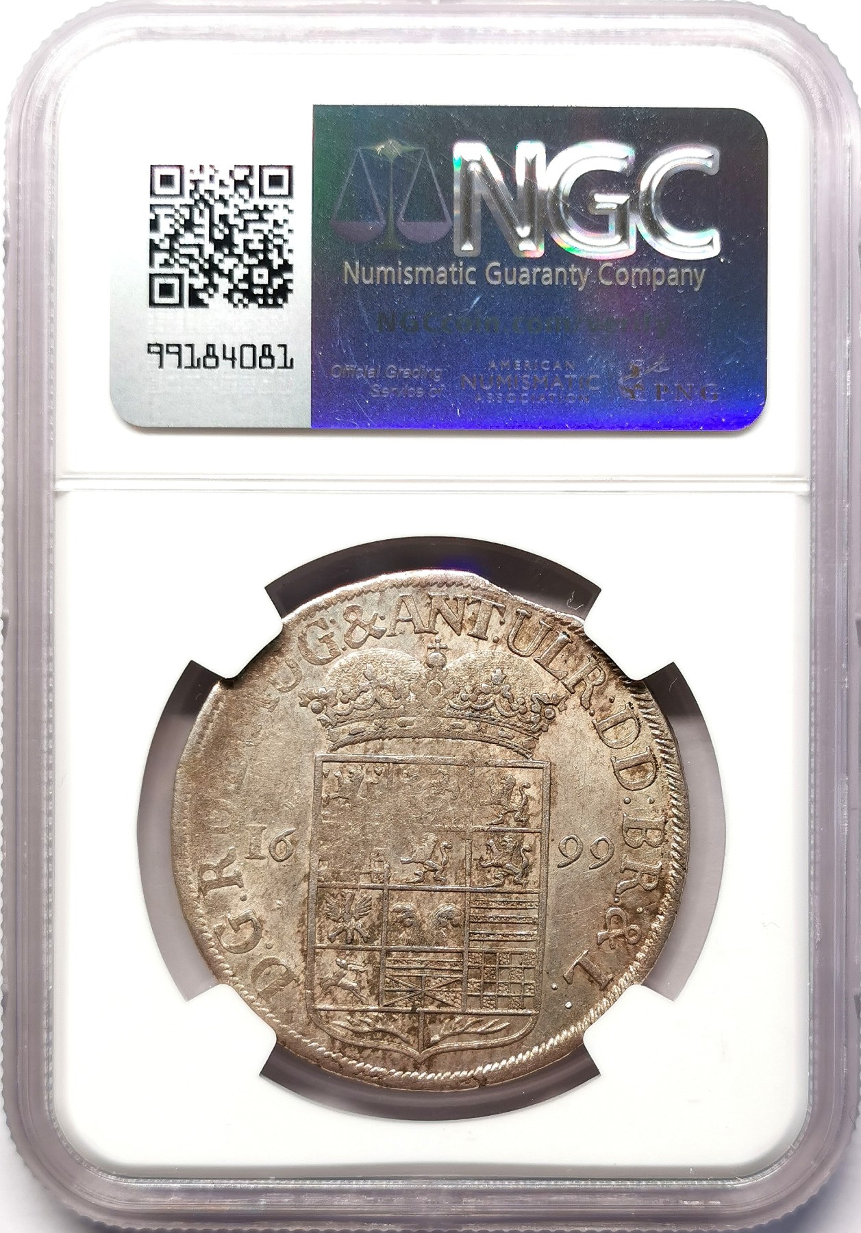 凡希社世界钱币微拍第二百六十四期 荐！1699布伦瑞克-沃芬伯特奔马2/3泰勒大银NGC-MS62，币胚错版，黄油彩光！