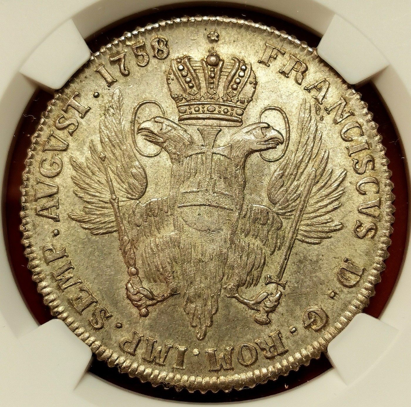 凡希社世界钱币微拍第二百六十四期 荐！1758IHL帝国自由市汉堡城市徽章32先令（2/3泰勒）大银NGC-MS64，柔和雅致的淡金包浆，N最高分！